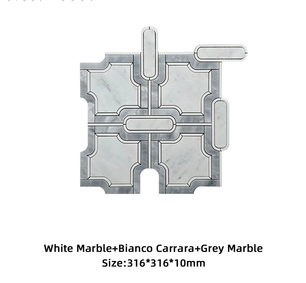 Grey Bianco Carrara Dart Shape Design Waterjet Marble Mosaic Tile detail by VORELLI®