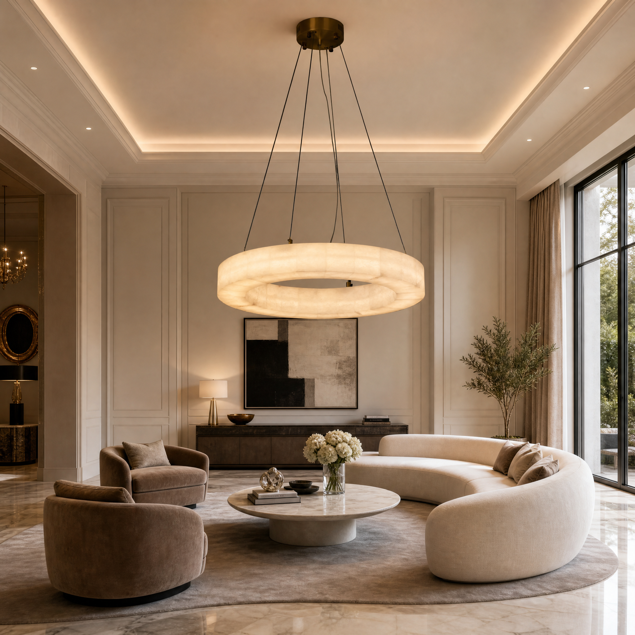 VORELLI Halo Marble Circular Chandelier illuminating a luxury modern residential living room with a serene, warm glow.