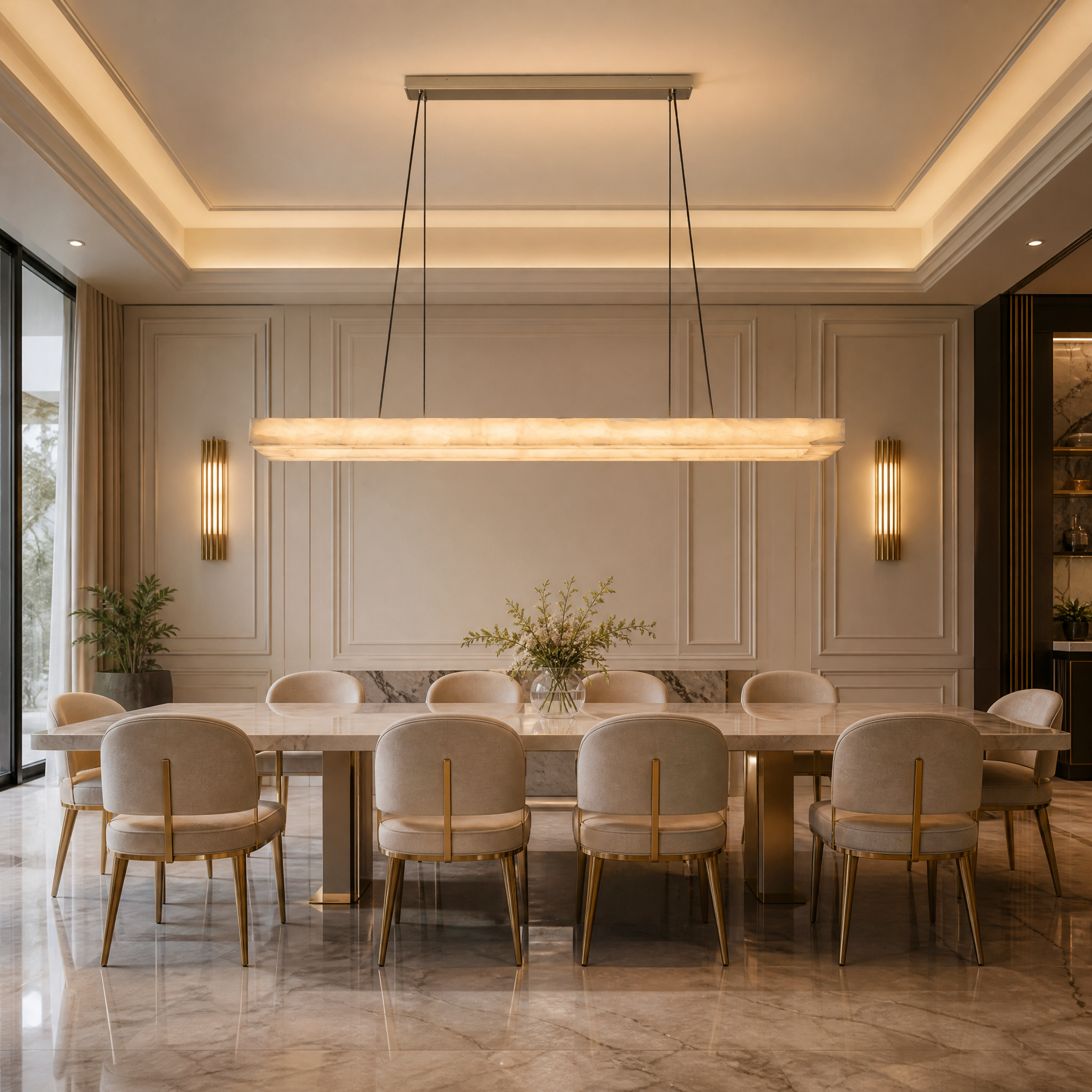 VORELLI Halo modern marble rectangular chandelier casting a warm, inviting glow over a luxury residential dining table setting.