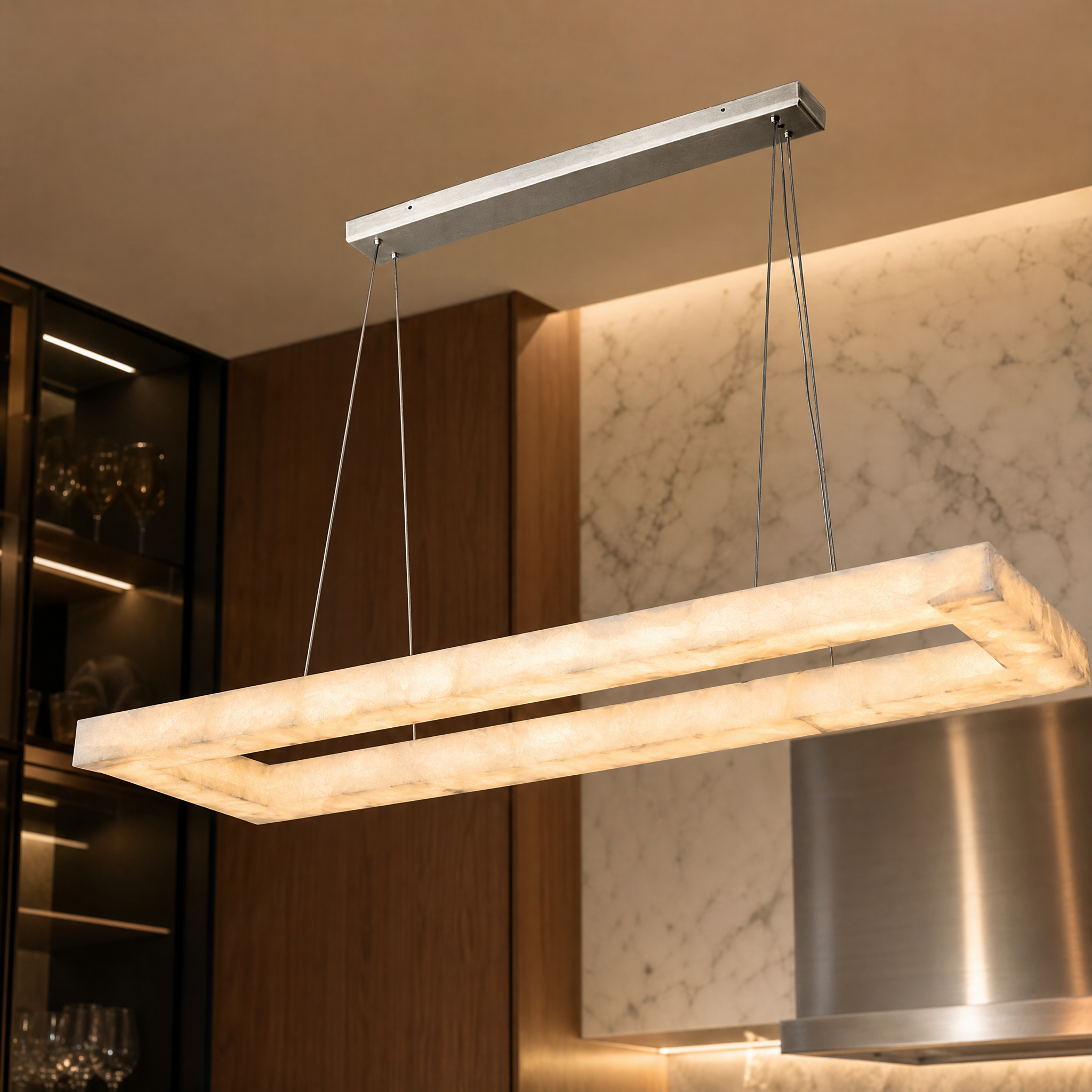 Detailed closeup of the VORELLI Halo rectangular chandelier showcasing the refined texture of the premium marble and its sleek modern design.