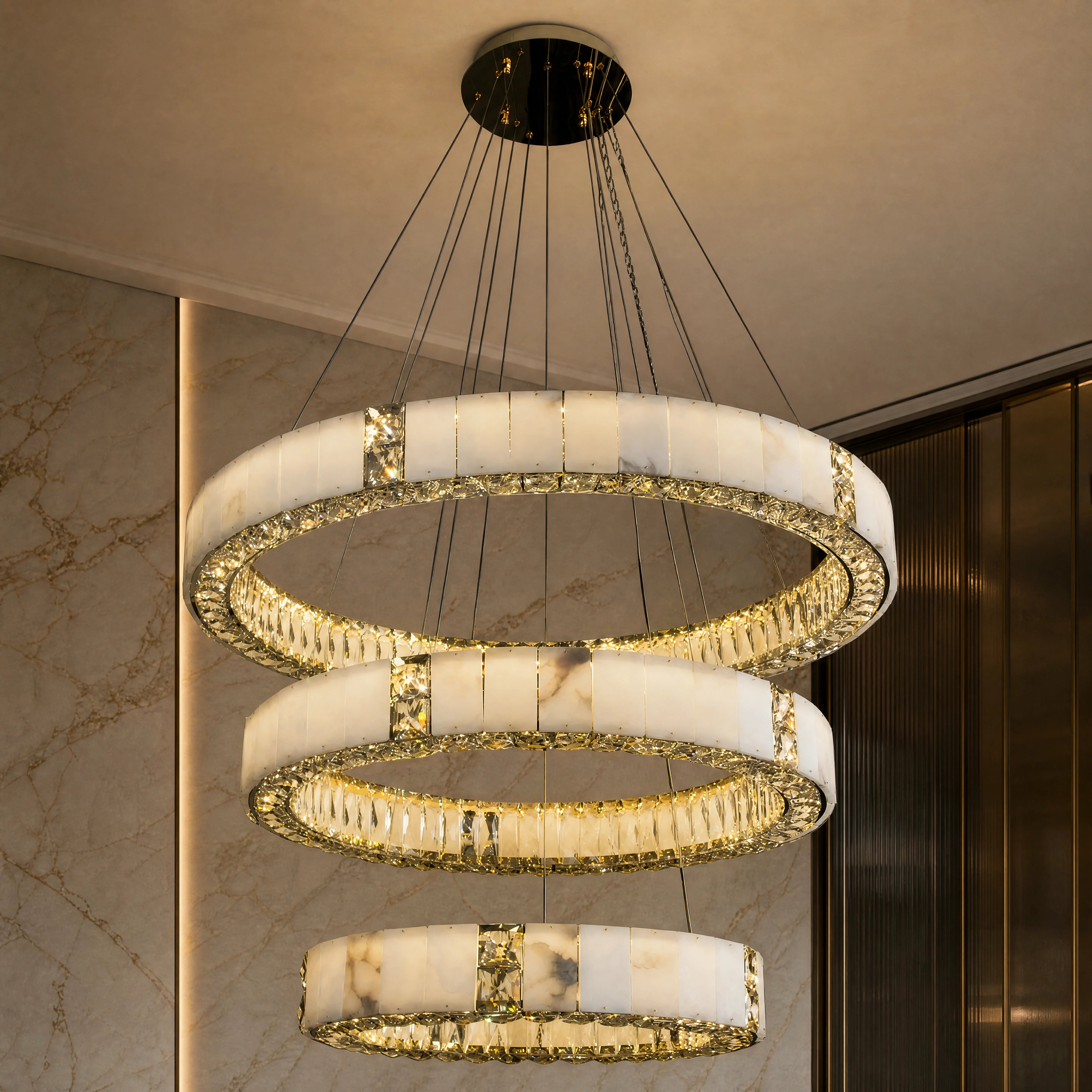 Helios Marble Trio Circular Chandelier close-up luxury lifestyle hero image by VORELLI