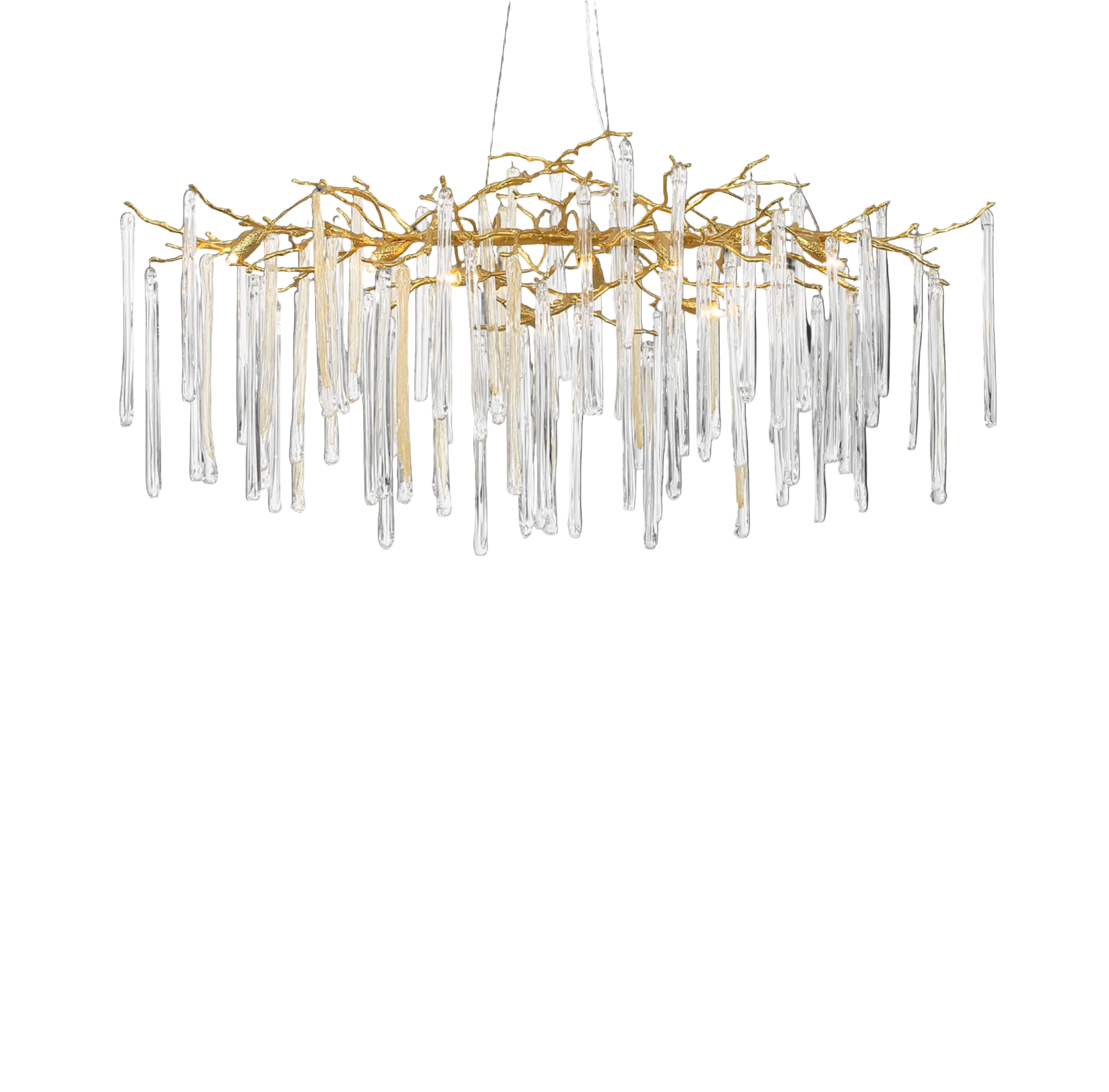 VORELLI Icicle chandelier glowing with refined glass texture creating depth and dramatic movement.