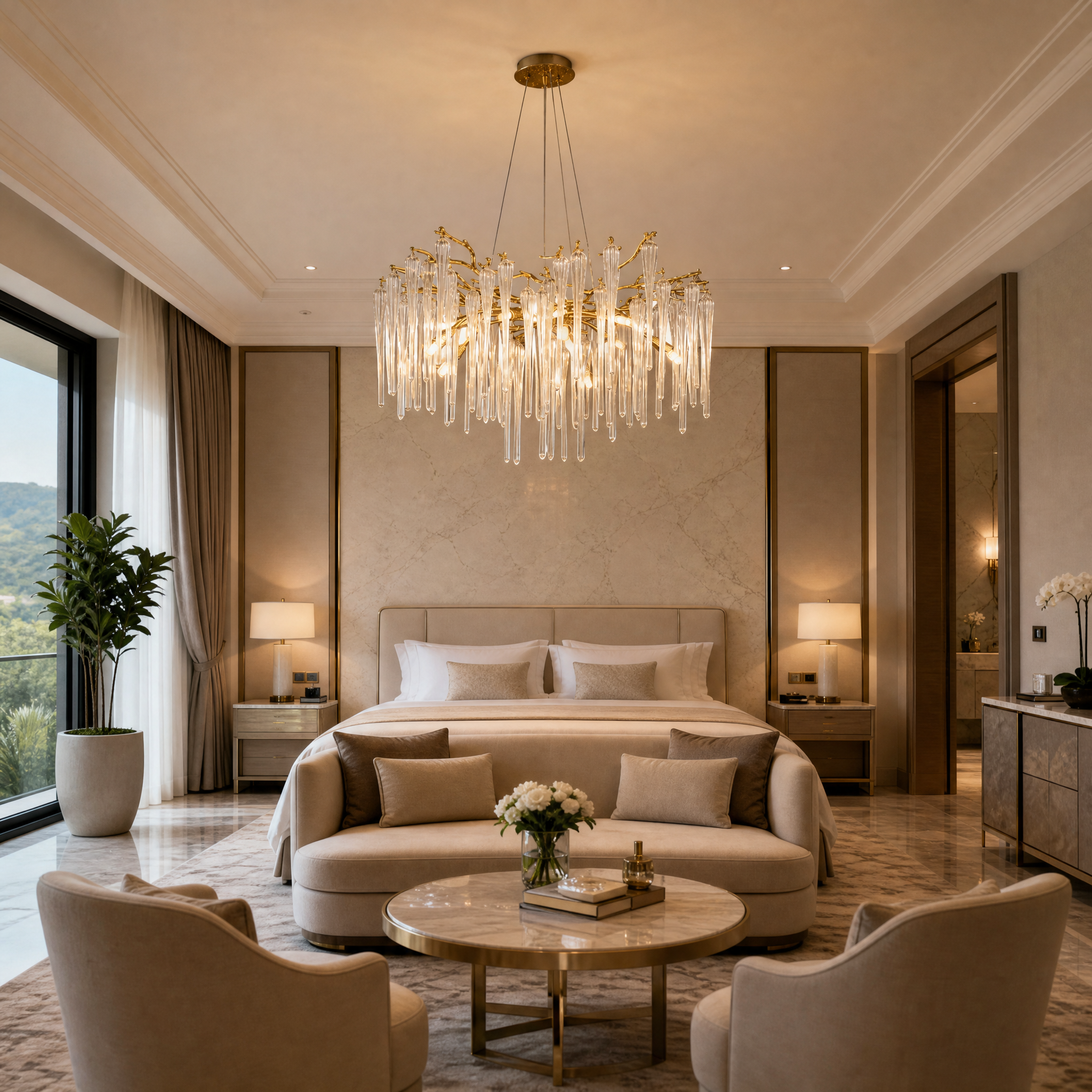 A stunning Icicle Circular Chandelier acting as a sculptural focal point in a high-end hotel lobby setting.