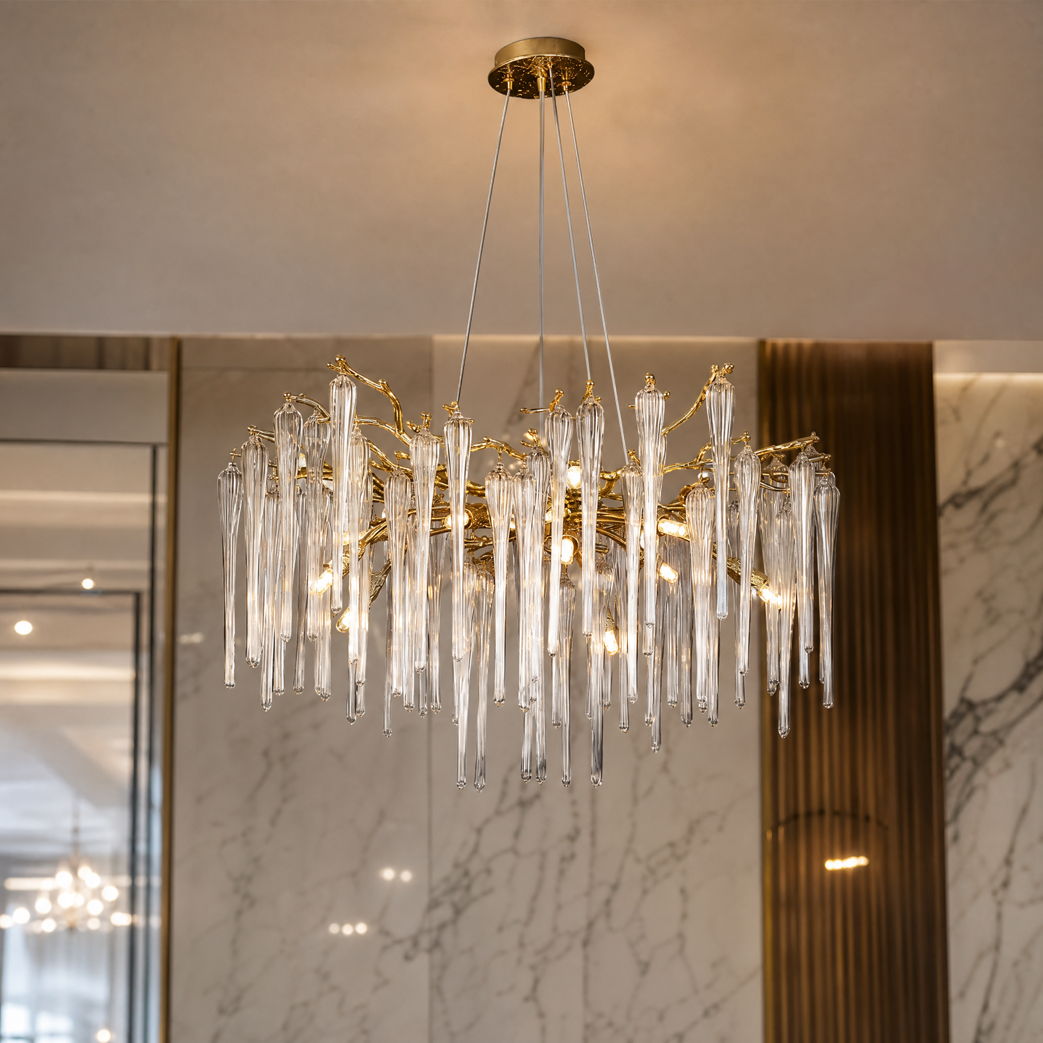 Close-up of the textured sculptural glass icicles and branching frame of the VORELLI Icicle Chandelier.