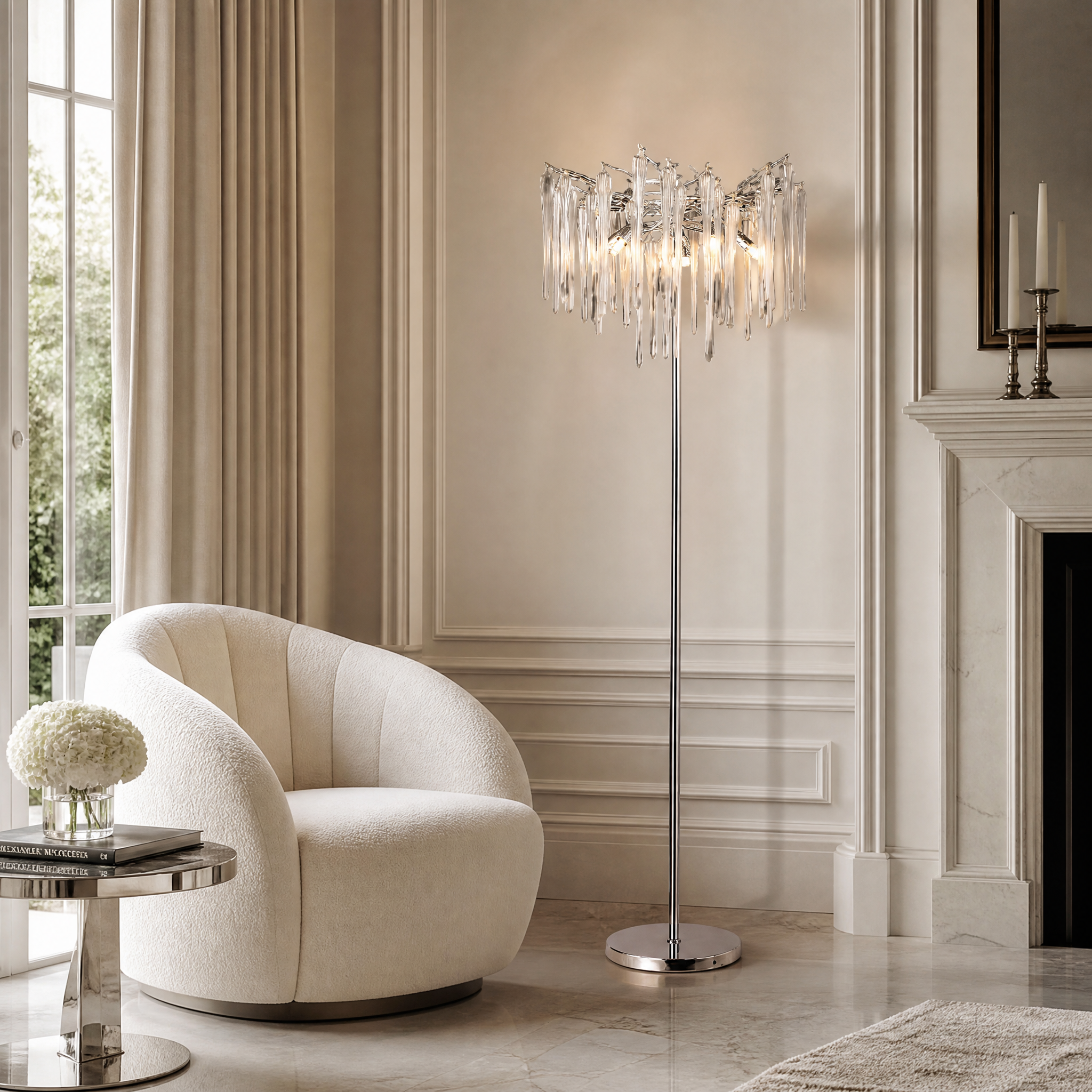 Vorelli Icicle floor lamp casting soft light in a luxury residential living room setting.