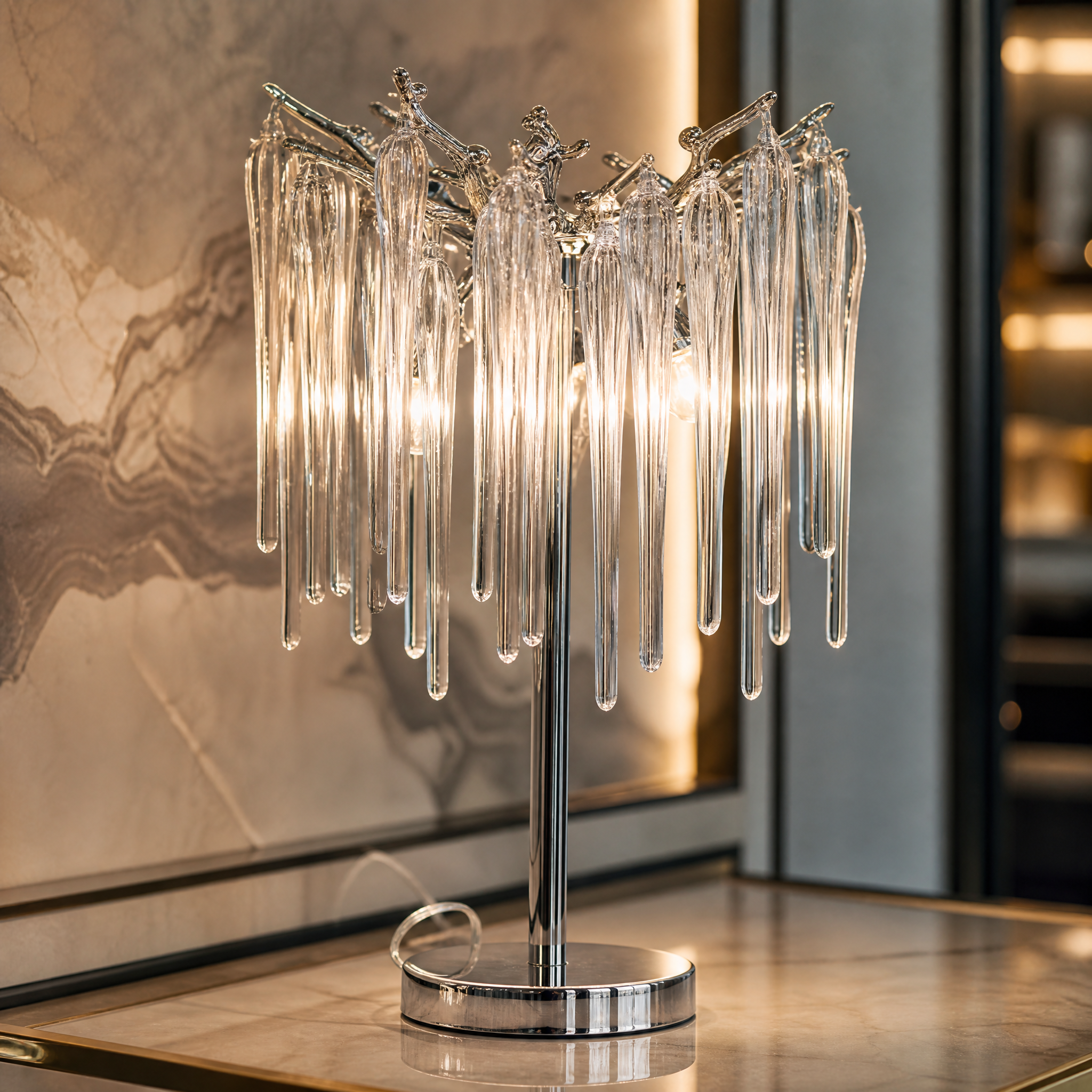 A detailed closeup of the VORELLI Icicle Table Lamp, highlighting the sculpted, icicle-like glass elements suspended from its metallic branch structure.