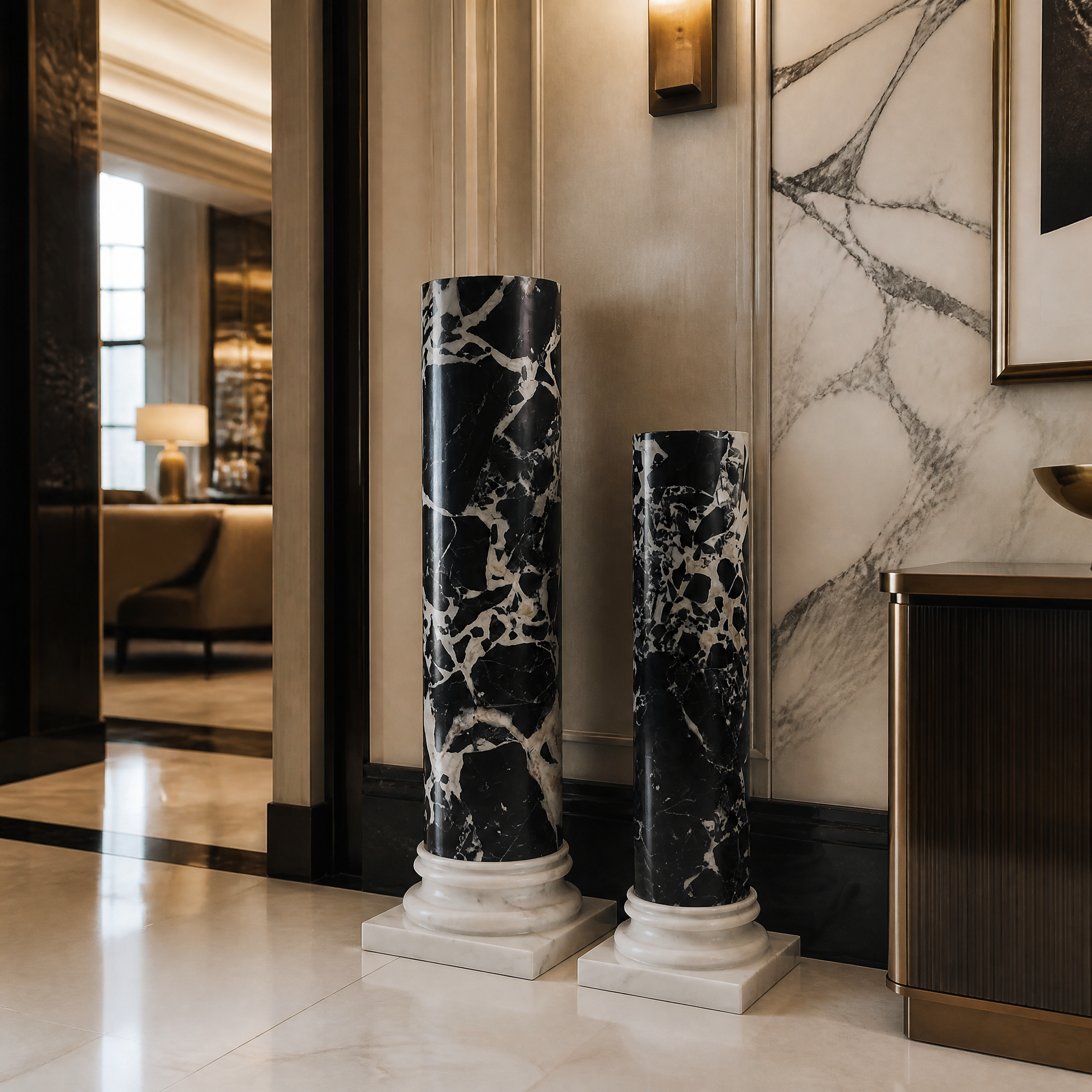 Sophisticated Black Hector marble pillar as an architectural accent in a luxury hotel entryway.