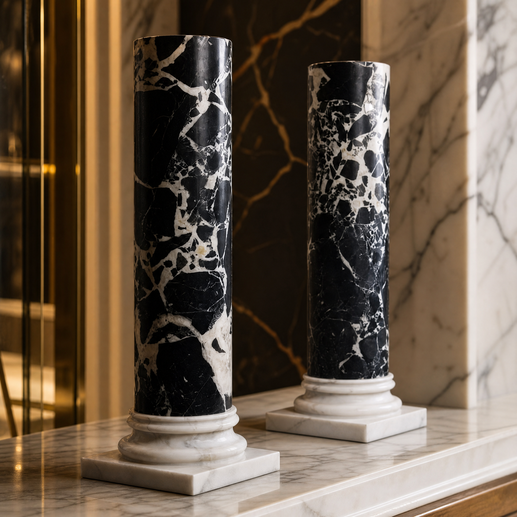 Close-up of the natural veining and polished surface of the Black Hector marble column decor.