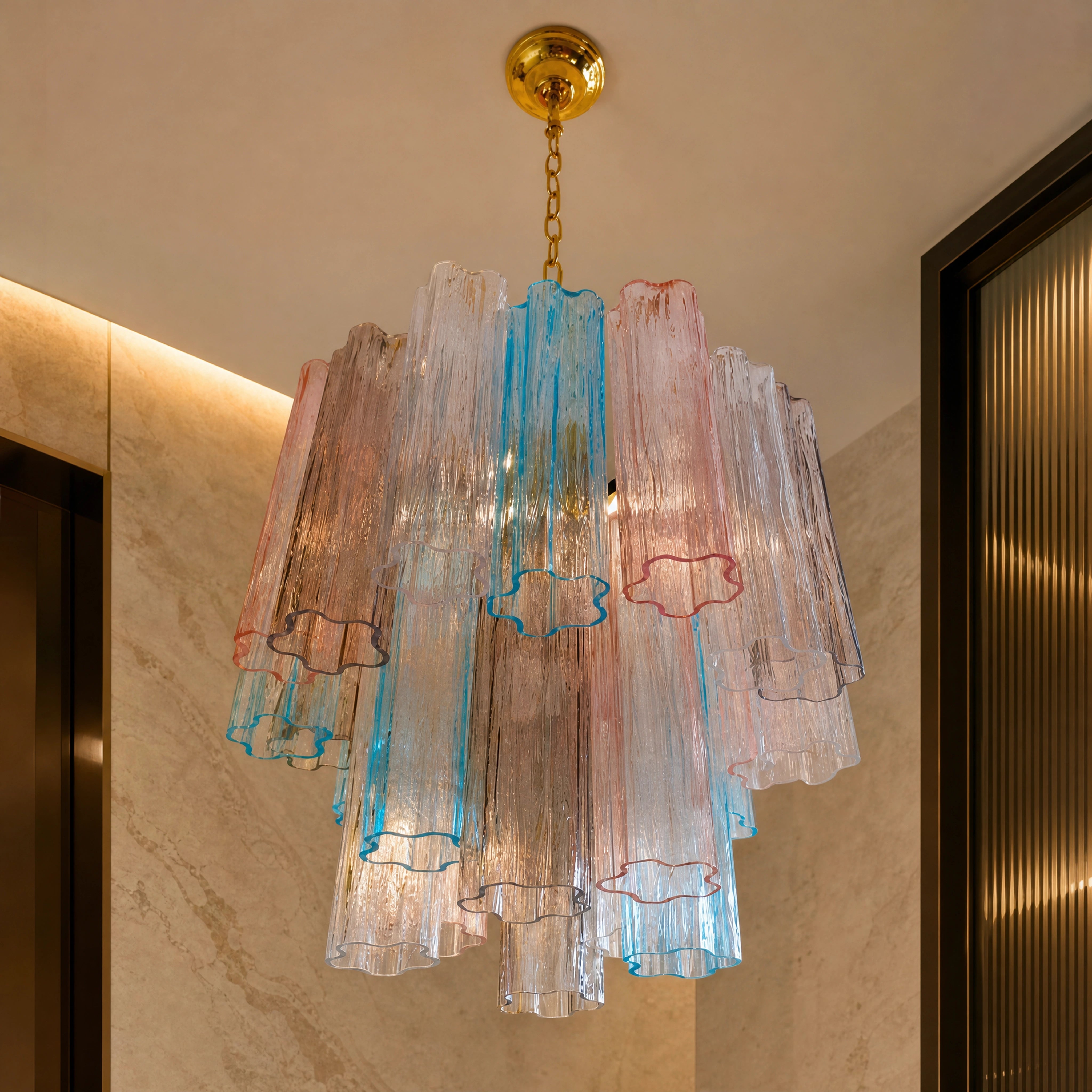 Isabella Tronchi Murano Glass Circular Chandelier close-up luxury lifestyle hero image by VORELLI