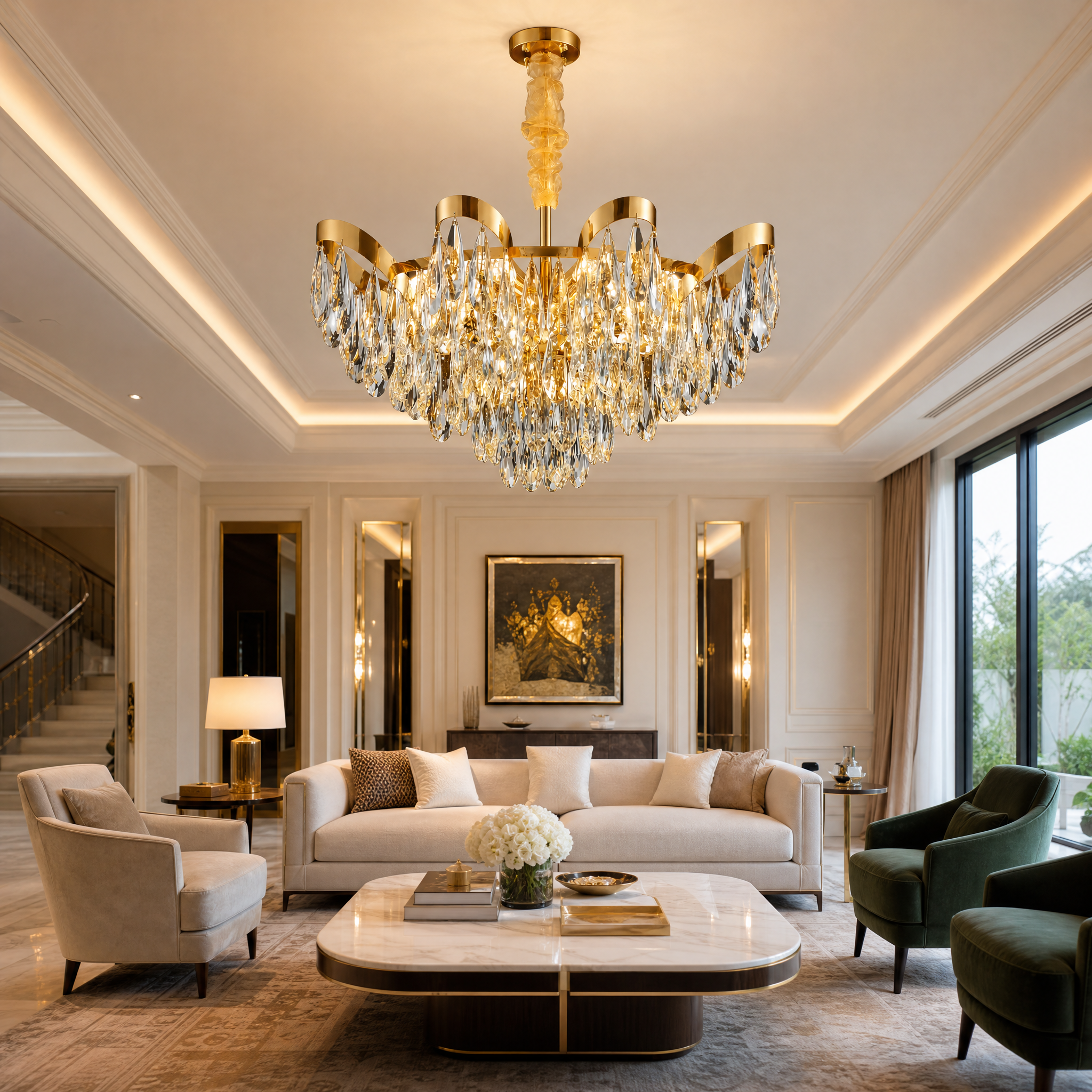 Luxury residential living room featuring the VORELLI Isso Circular Chandelier with diamond-cut crystal teardrops.
