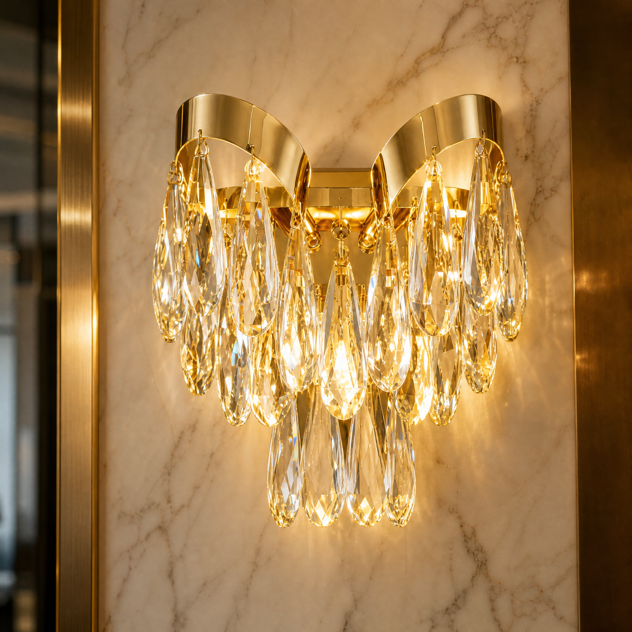 Macro closeup of the VORELLI Isso Wall Light, showcasing the intricate diamond-cut teardrop crystals and luxury metal finish.