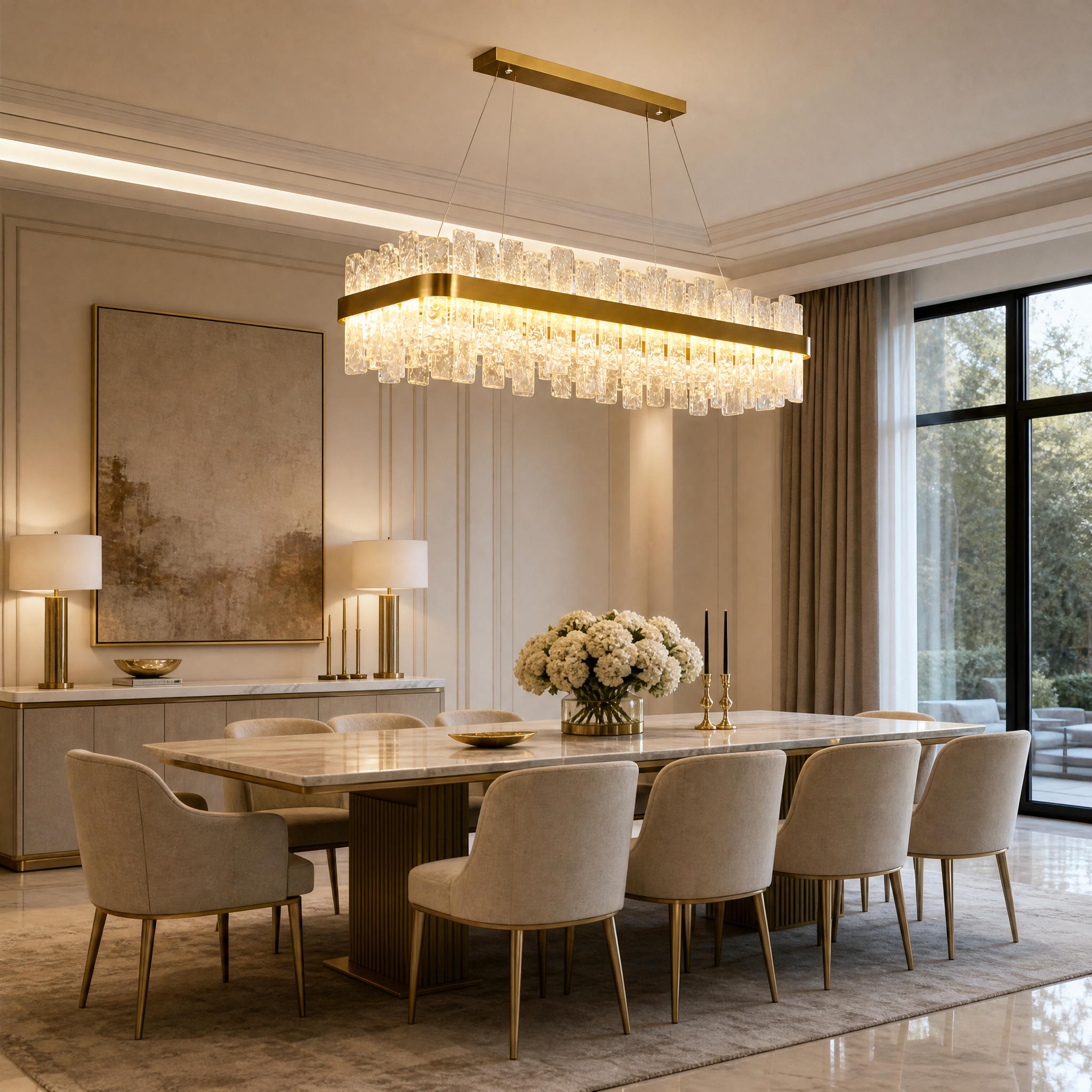 VORELLI Kensington Rectangular Chandelier providing a warm, elegant glow over a luxury residential dining table.