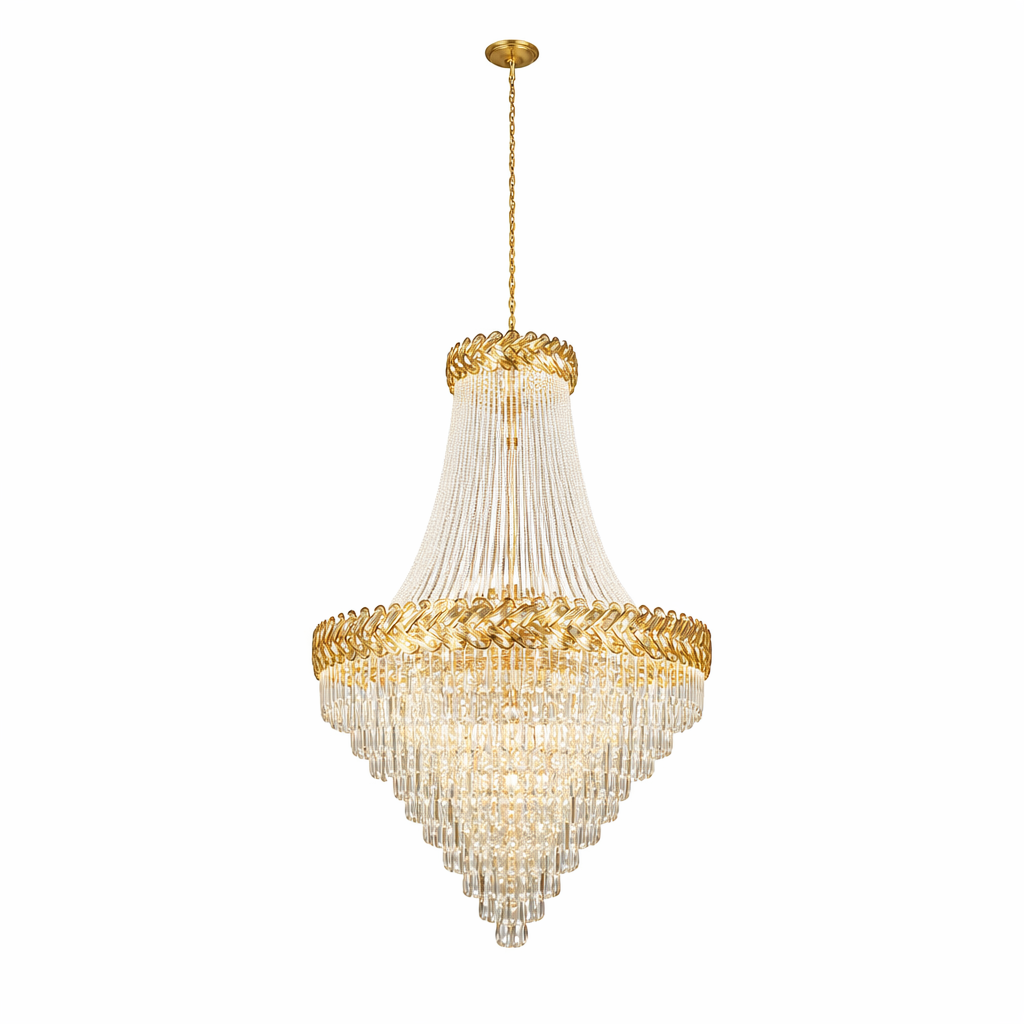 VORELLI Knightsbridge Grandeur staircase chandelier casting a warm, sophisticated glow, emphasizing its exclusive London-inspired opulent styling.