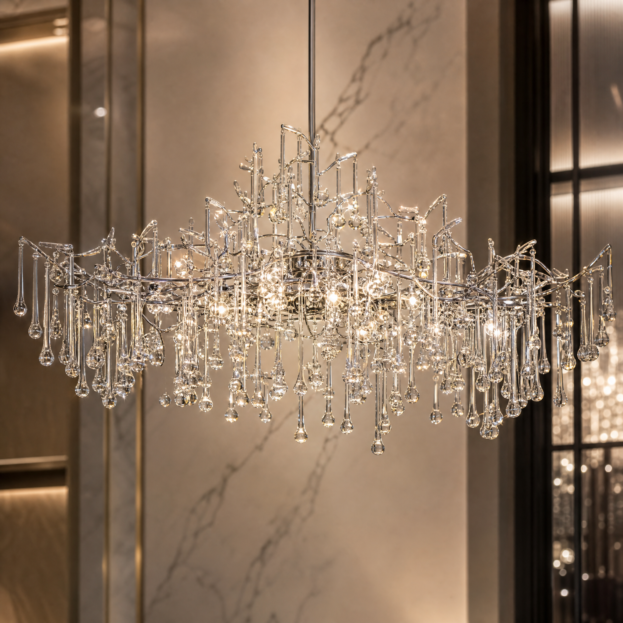 Close-up detail of cascading glass droplets and refined metal branches on the VORELLI L'Albero d'Oro Rectangular Chandelier III.
