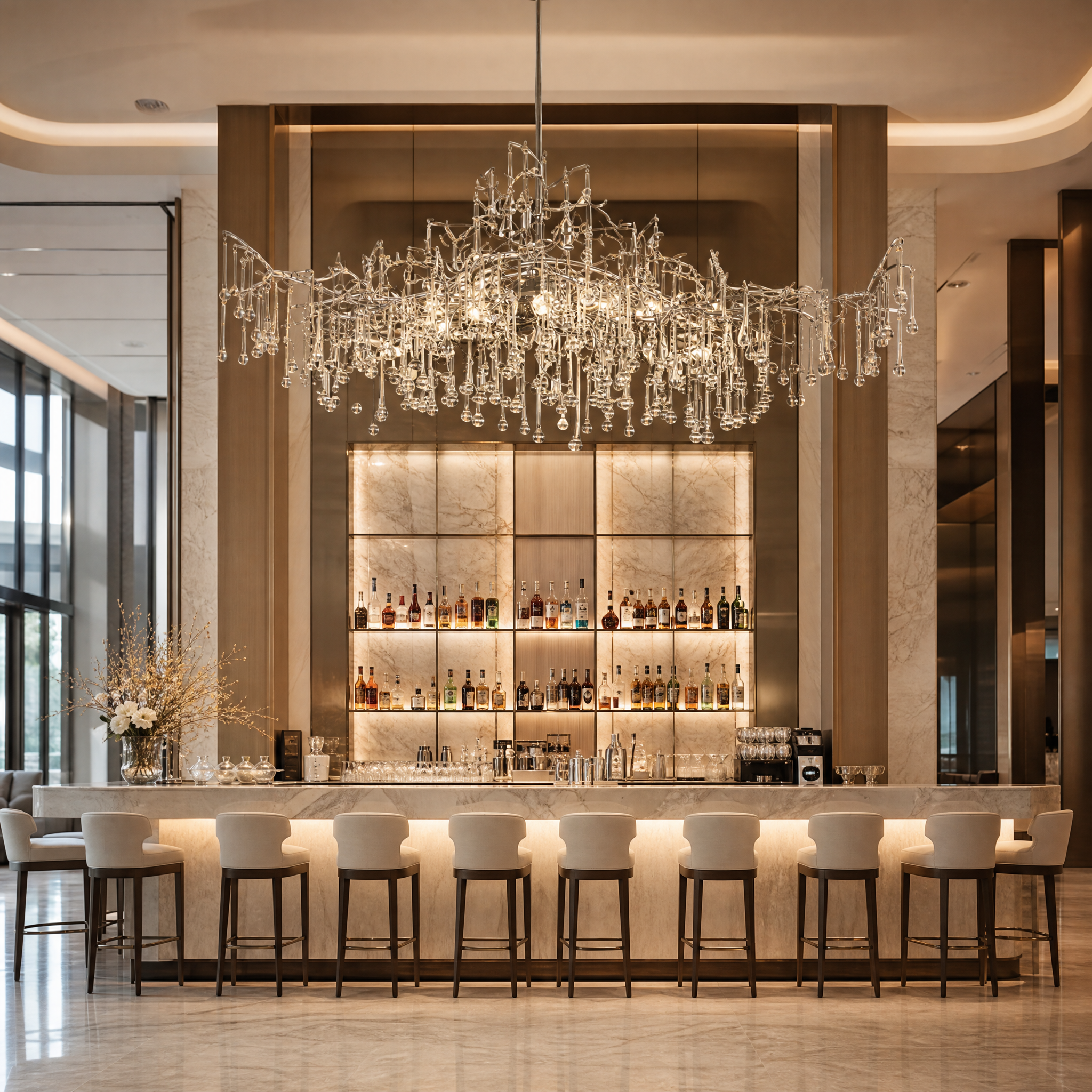The architectural branching structure of the VORELLI L'Albero d'Oro Rectangular Chandelier III illuminating a sophisticated hospitality lounge setting.