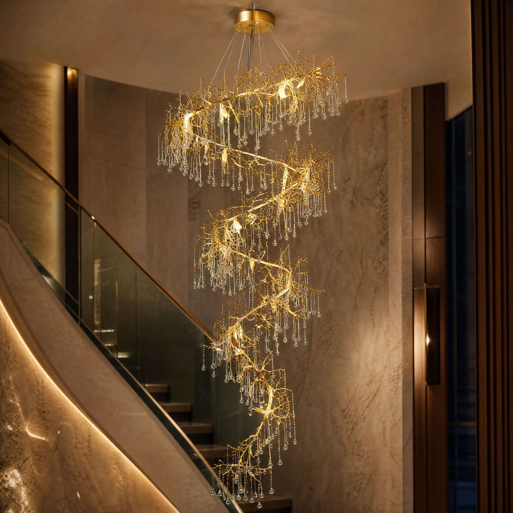 Close up detail of hand-crafted glass drops and organic sculptural branches on the L’Albero d’Oro chandelier