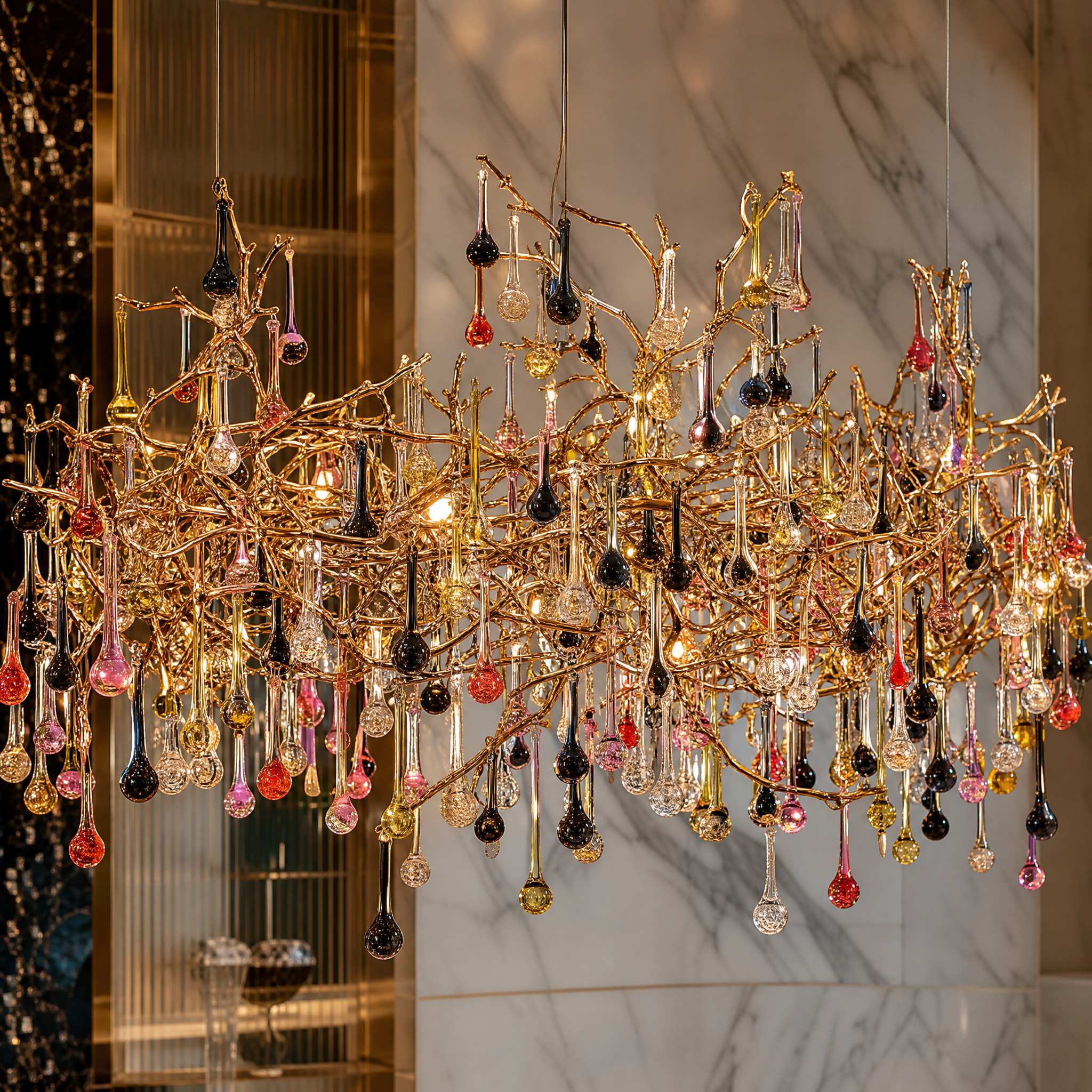 Macro close-up of the detailed hand-blown glass drops suspended from the artistic golden branches of the VORELLI L'Albero d'Oro chandelier.