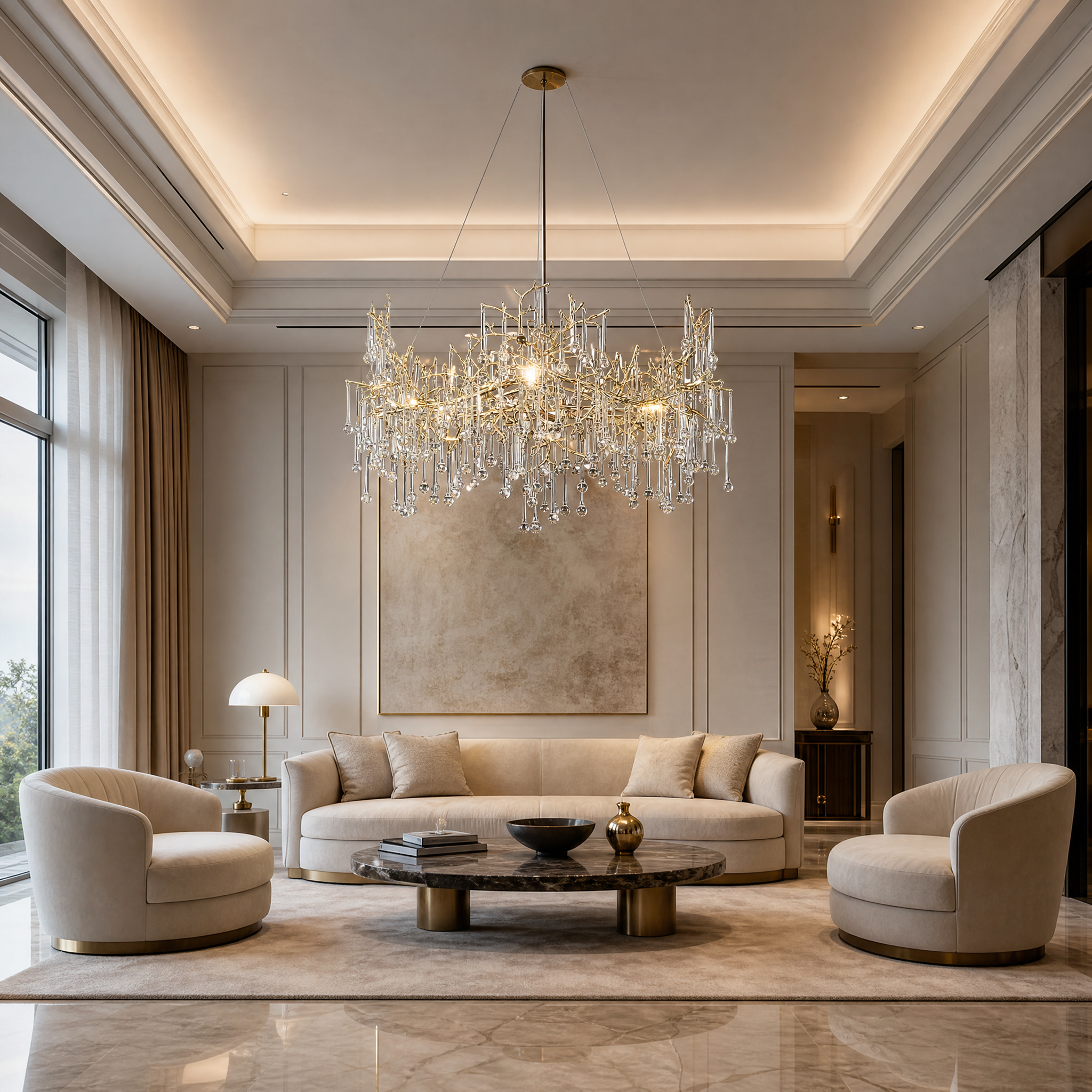 The VORELLI® L’Albero d’Oro Circular Chandelier II illuminating a luxury residential dining room with an organic, sculptural glow.