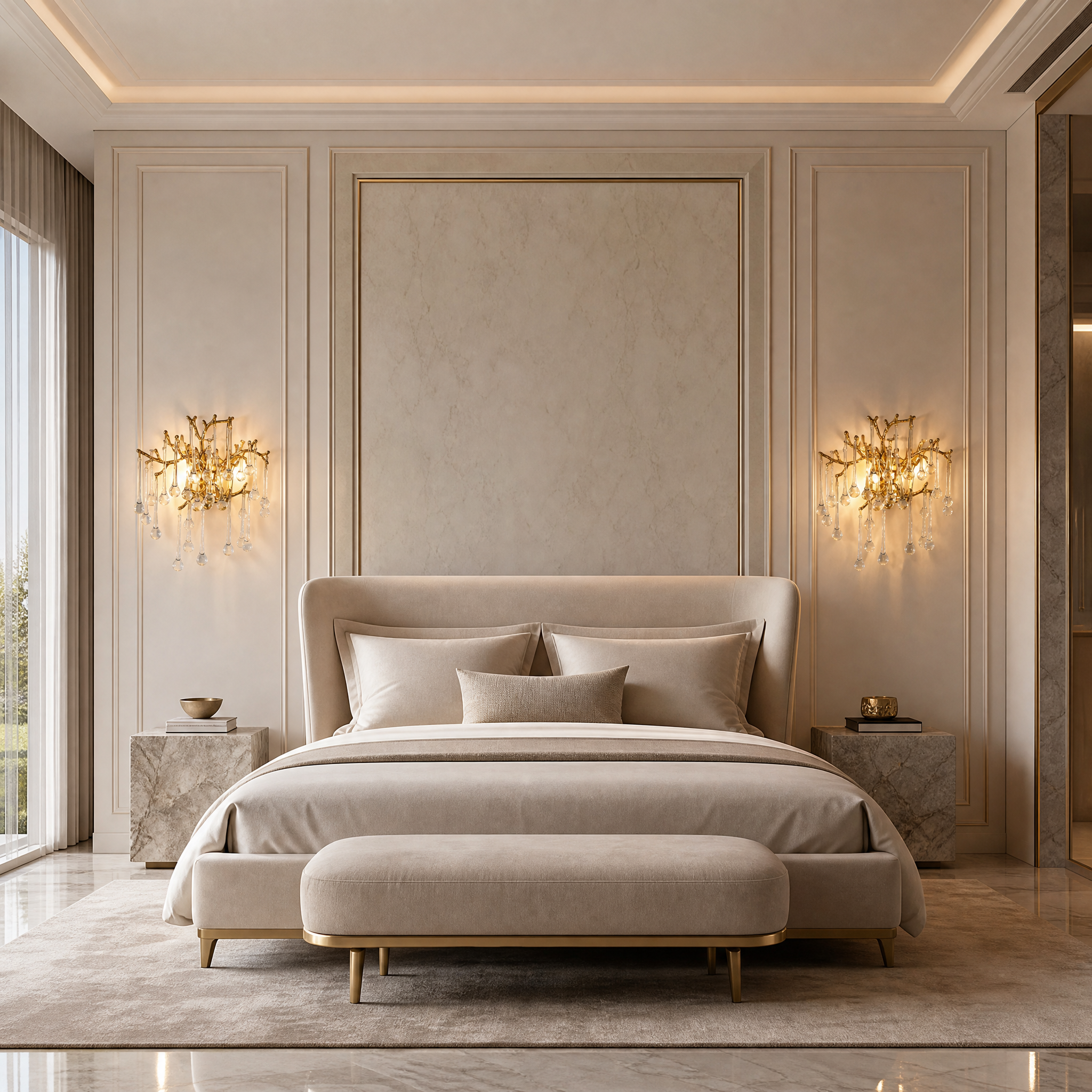 The L’Albero d’Oro sculptural wall light by VORELLI installed in a luxury residential living room, casting a warm and elegant glow on the wall.