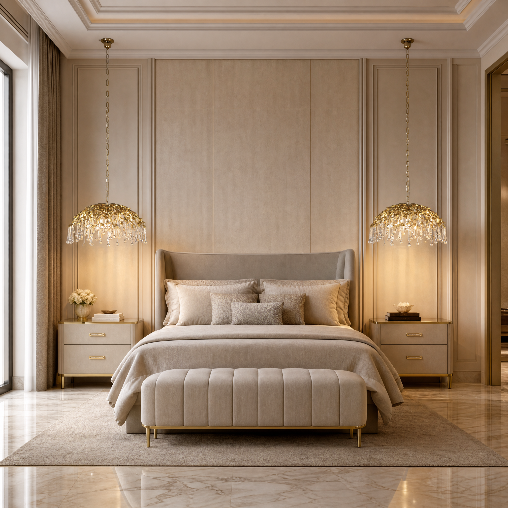 The VORELLI L’Albero d’Oro pendant light hanging elegantly over a contemporary dining table in a luxury residential home, casting a soft, atmospheric glow.