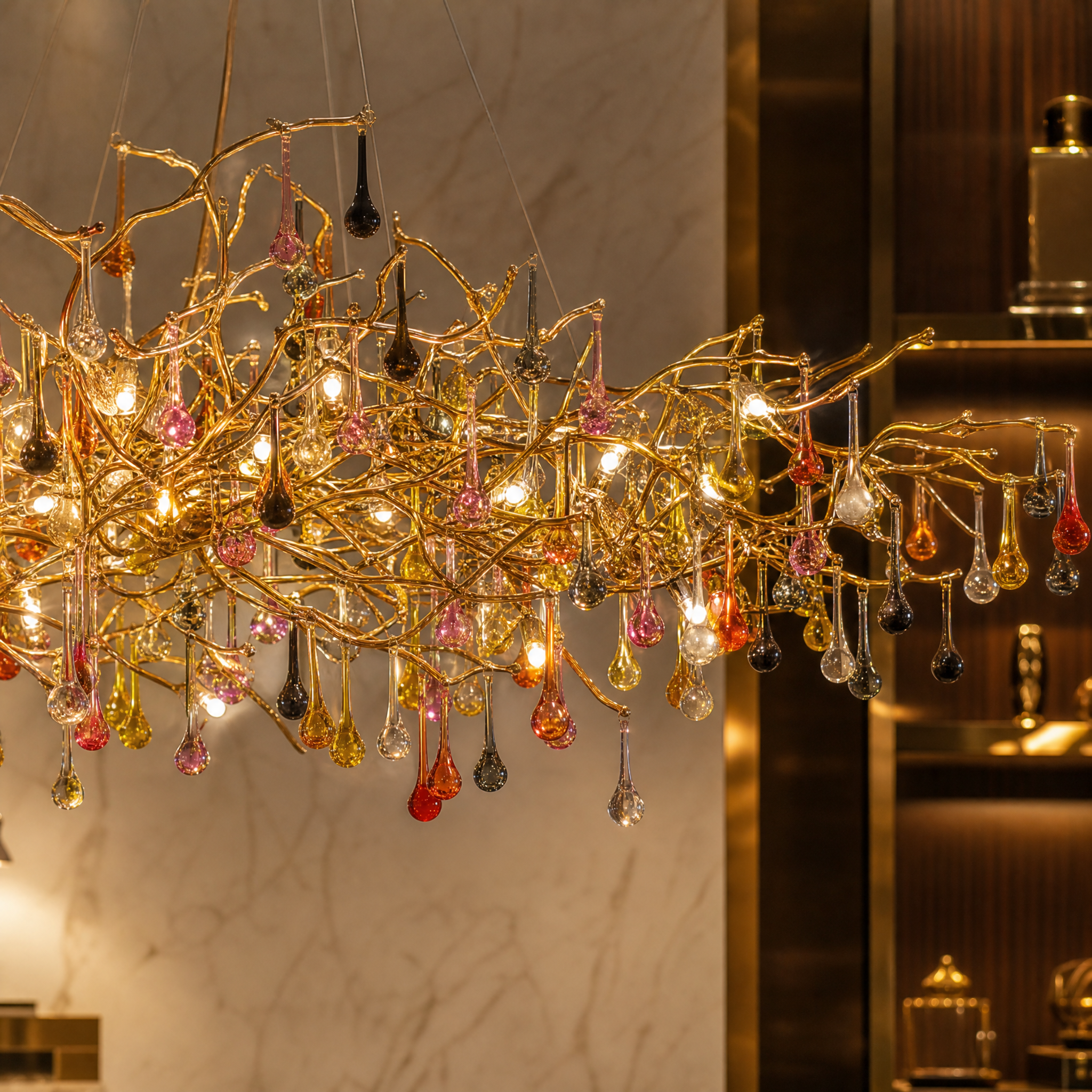Macro close-up shot of the finely crafted gold finish and suspended crystal droplets on the VORELLI L'Albero d'Oro Rectangular Chandelier II.