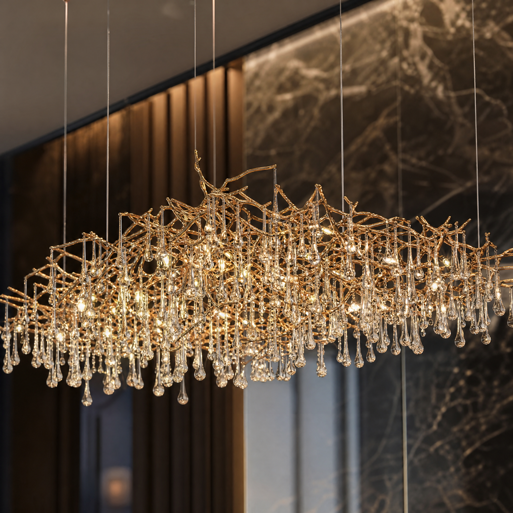 Close-up detailed view of the cascading glass droplets and sculptural framework on the VORELLI L’Albero d’Oro Rectangular Chandelier IV.