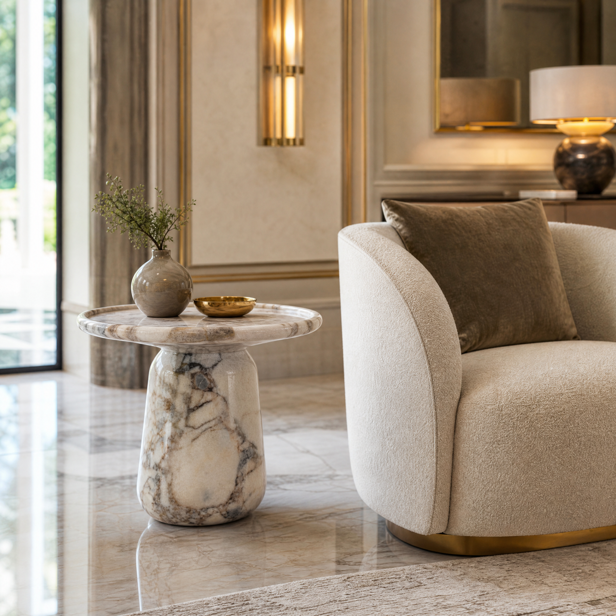 Larevo white stone sculptural side table styled next to a luxury sofa in a modern residential living room.