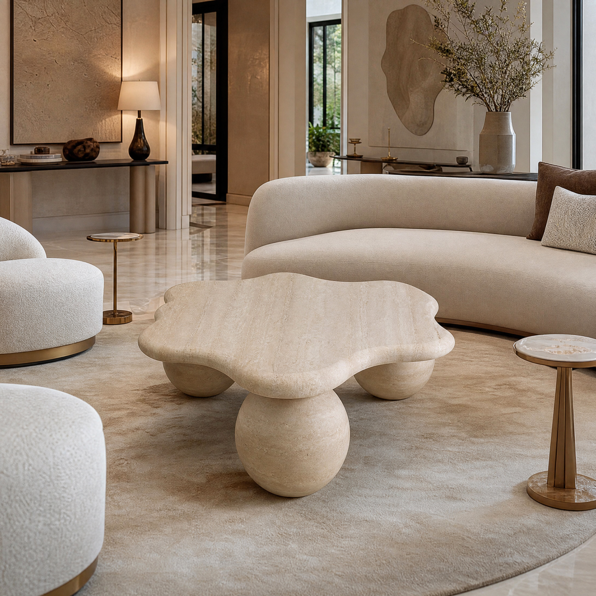 VORELLI Liburno round coffee table crafted from warm natural Roman travertine styled in a luxury residential living room beside a contemporary sofa.