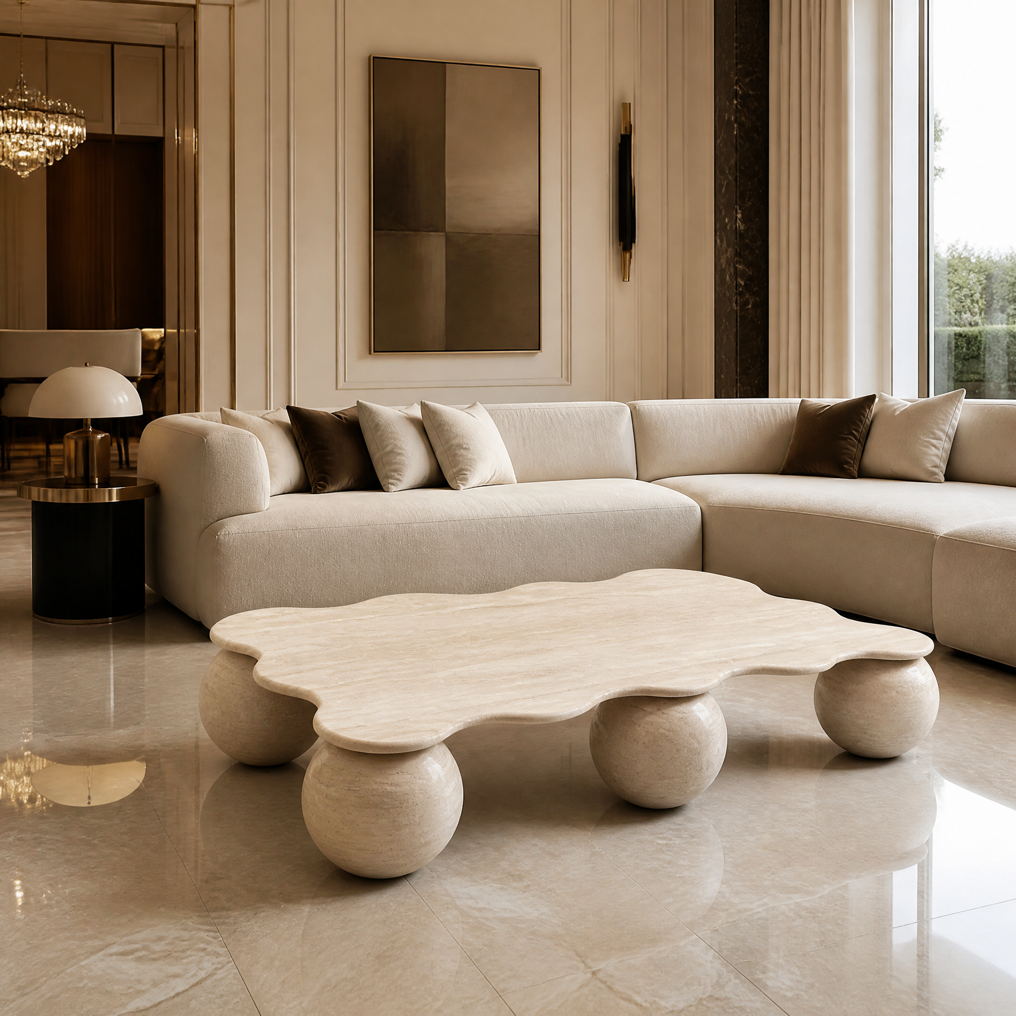 VORELLI Liburno travertine coffee table styled in a bright, modern residential living room with a low-profile aesthetic.