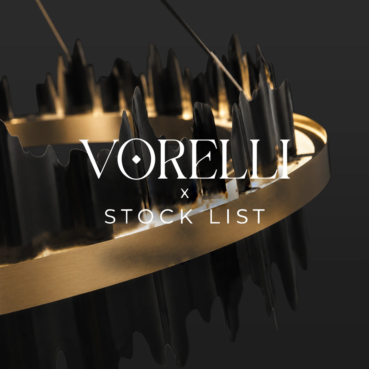 VORELLI® lighting stock list — circular chandelier in black and gold tones.