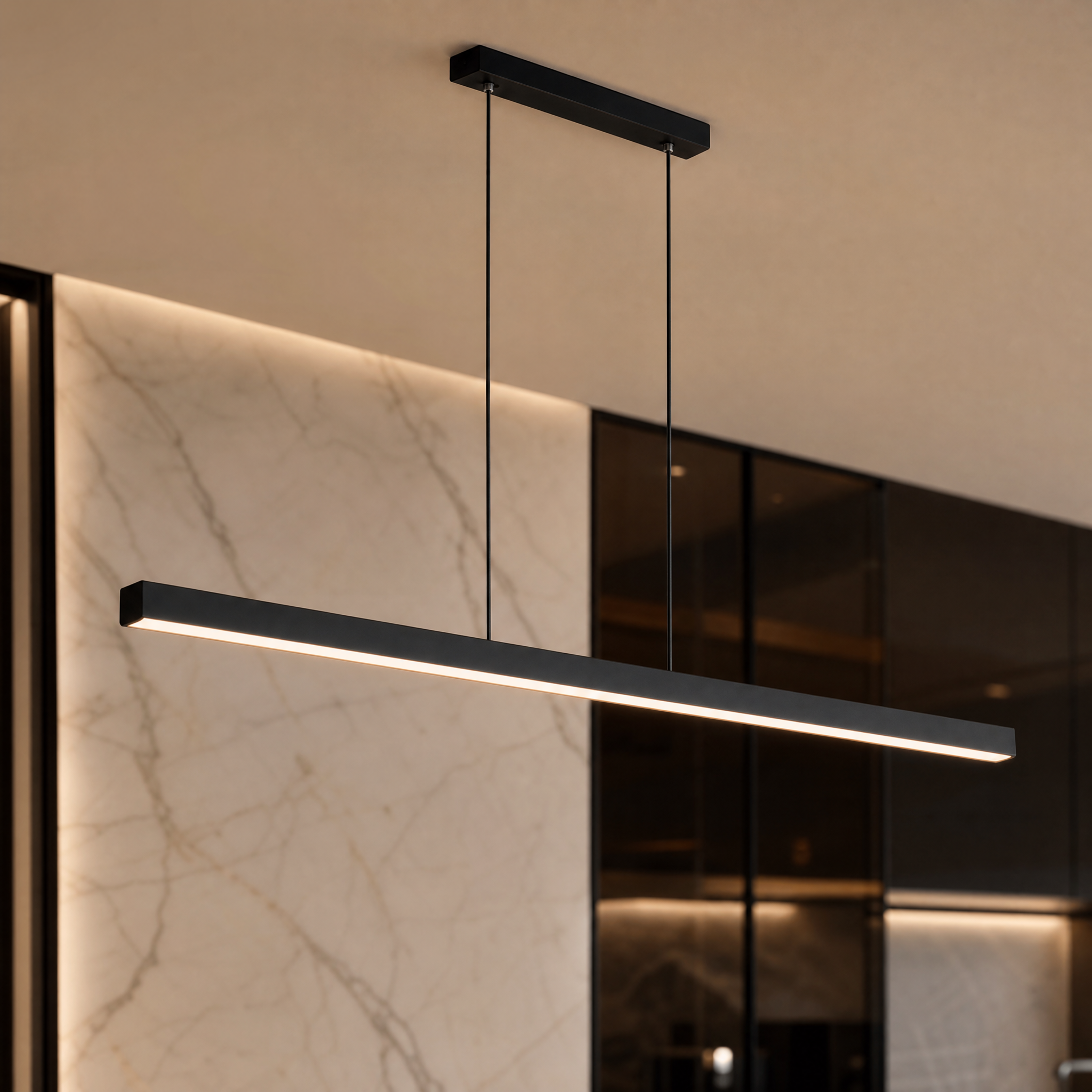 Closeup detailed shot of the VORELLI Linear Rectangular Chandelier, highlighting its ultra-sleek form, premium finish, and clean minimalist design.