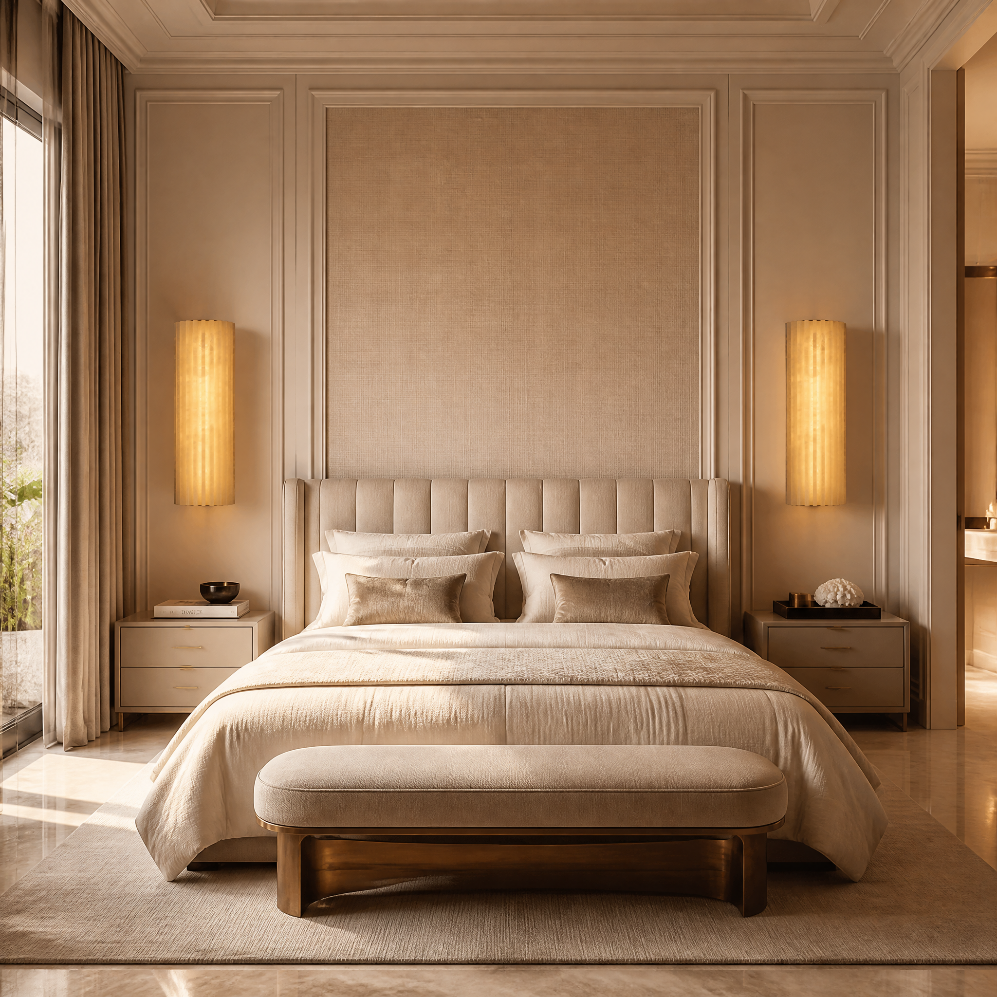 VORELLI Lisora fluted marble wall light installed in a luxury residential bedroom, casting a warm and elegant glow.