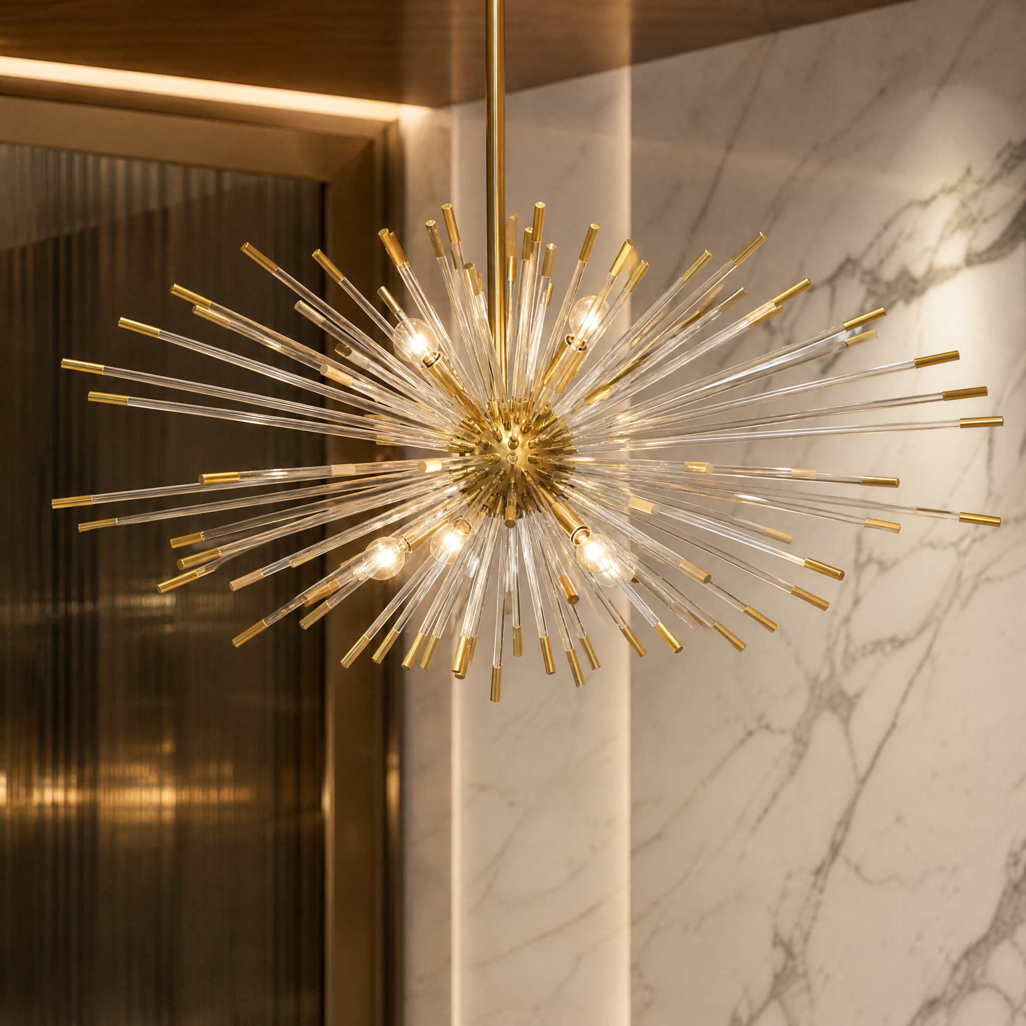 Close-up detailed view of the VORELLI Livadia Pendant Light II, showcasing the intricate spiky sphere design, premium finishes, and modern artisan craftsmanship.