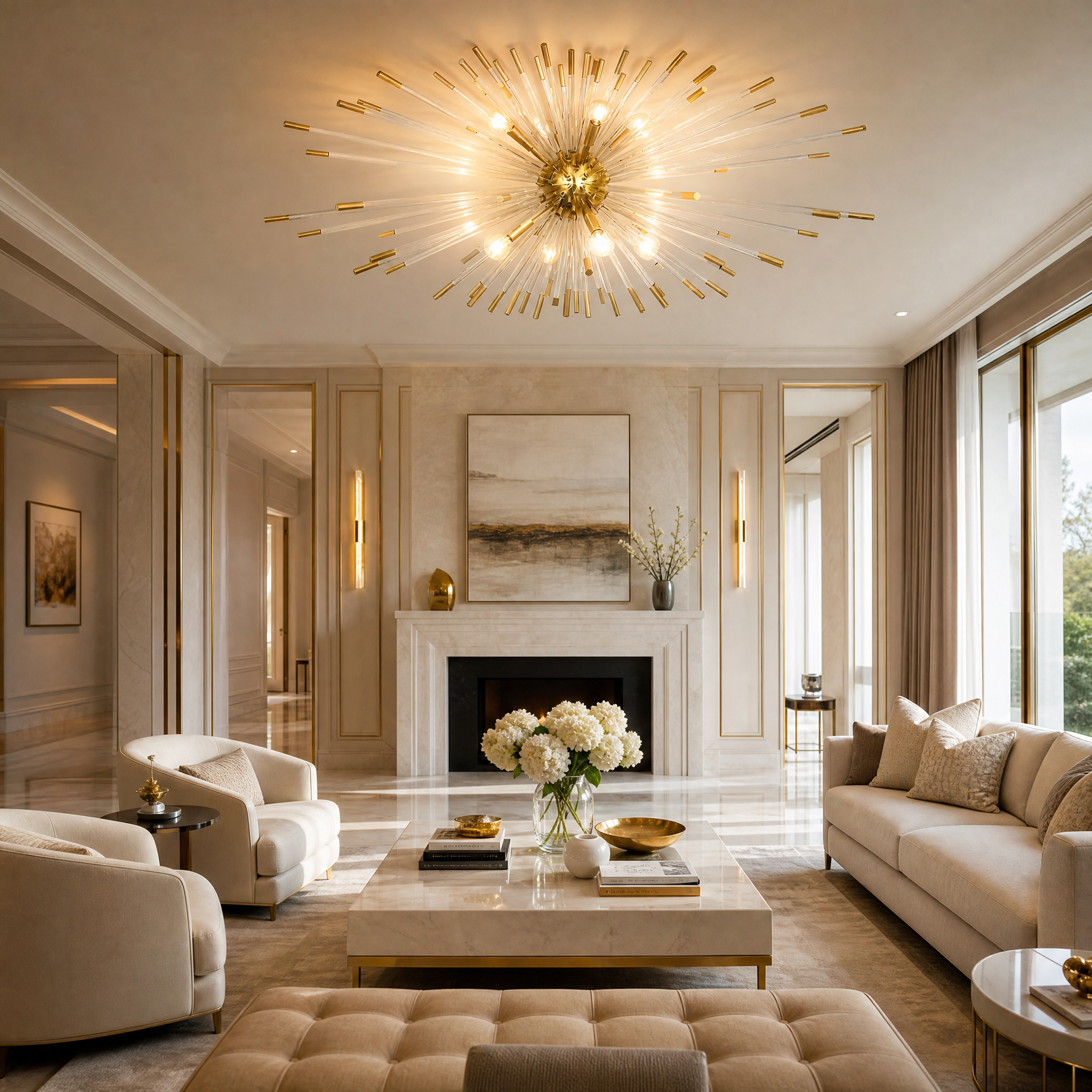 VORELLI Livadia Pendant Light II hanging gracefully in a modern residential living room, casting warm, artistic shadows across contemporary furniture.