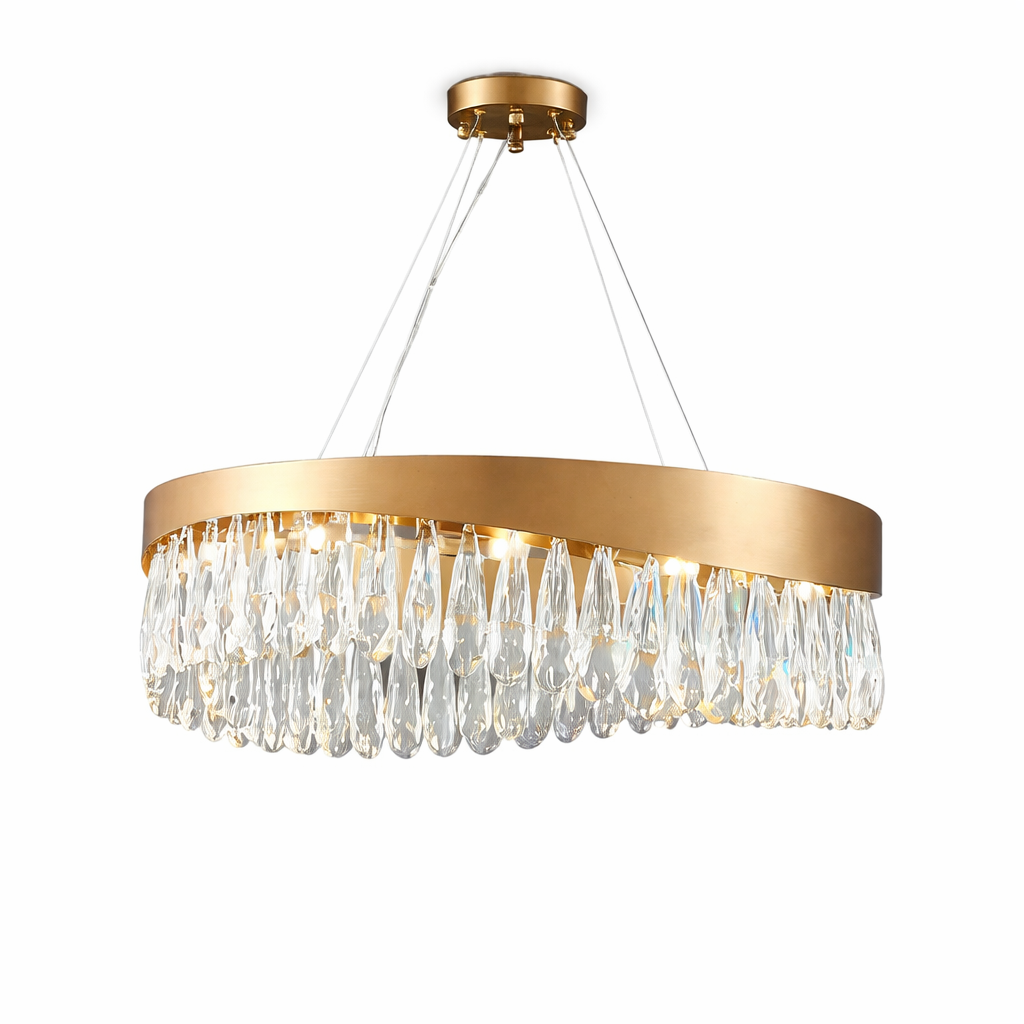 VORELLI Lomazzo circular chandelier casting a warm, sophisticated glow across an upscale room, highlighting the luxurious atmosphere.