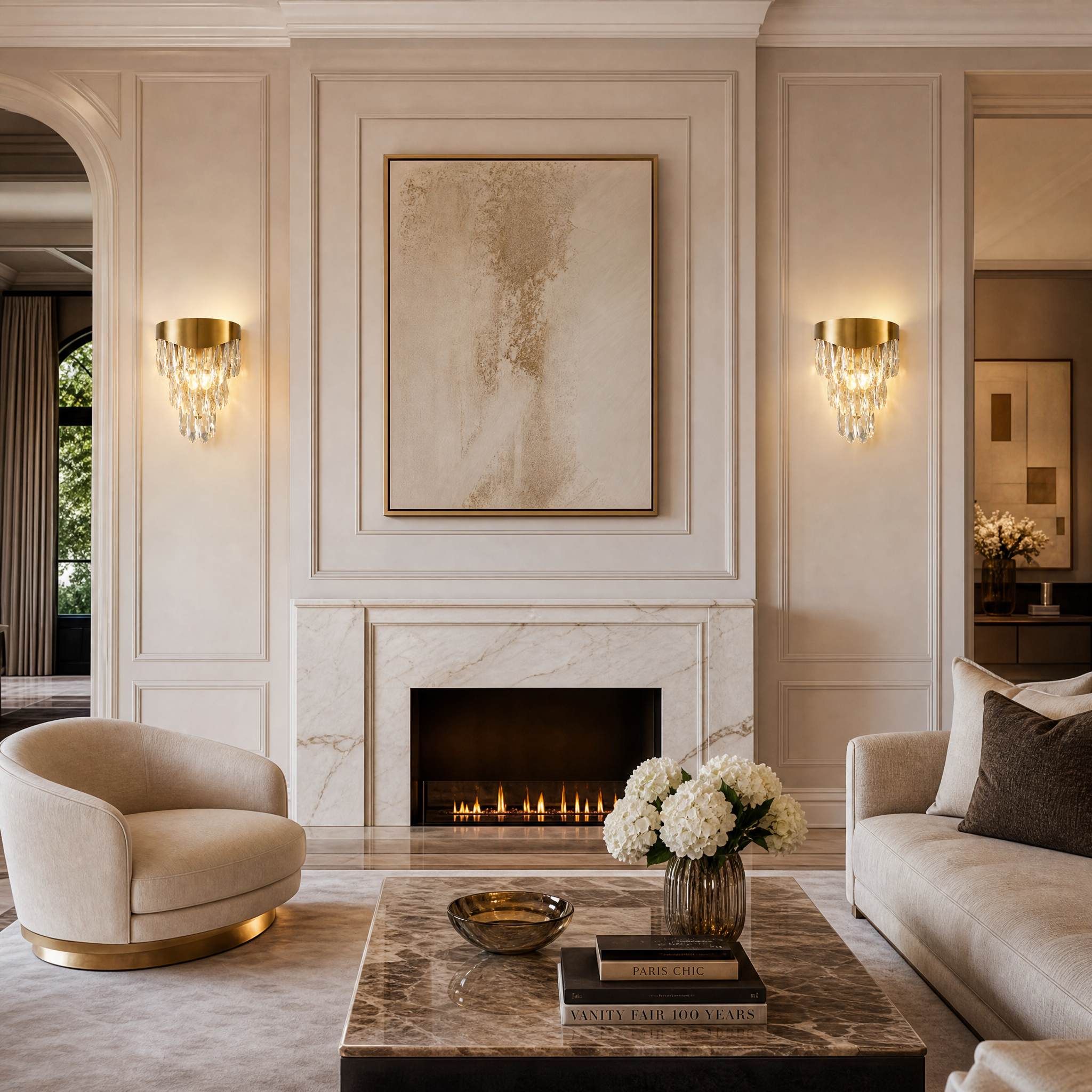 Lomazzo luxury crystal wall light by VORELLI installed in a contemporary residential living room, creating a sophisticated and refined ambiance.