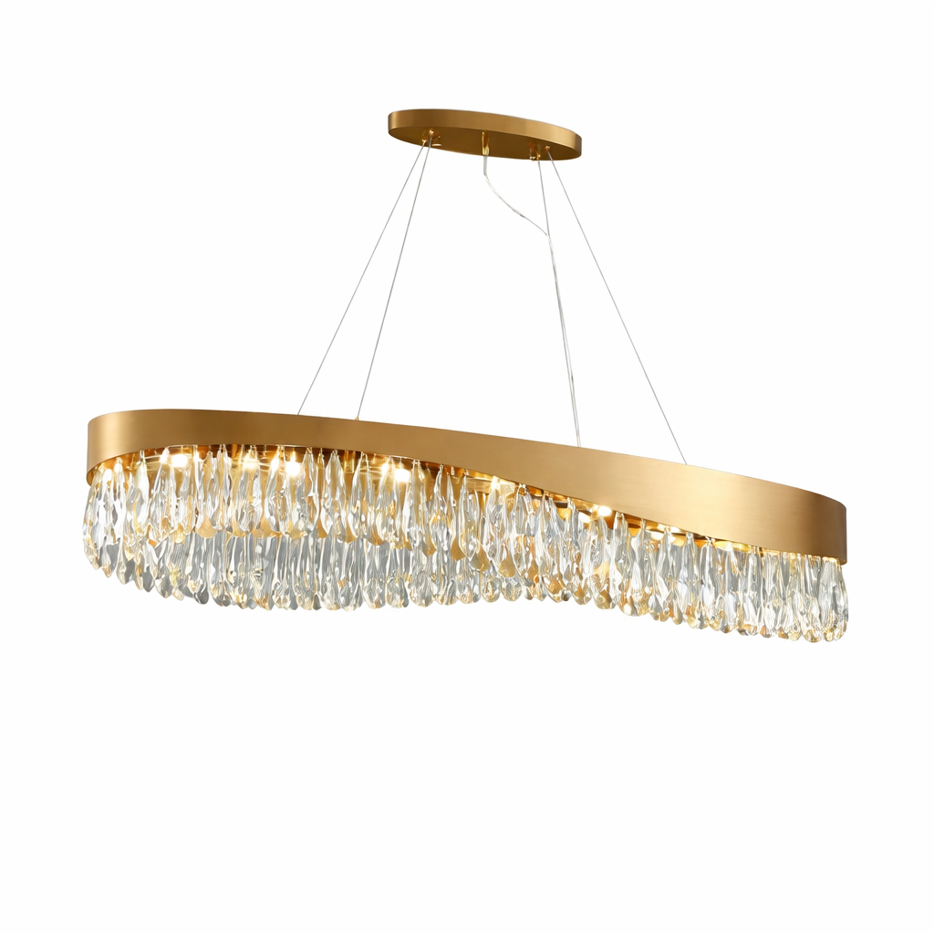 VORELLI Lomazzo rectangular chandelier casting a sophisticated, warm glow with intricate crystal reflections in an upscale interior.