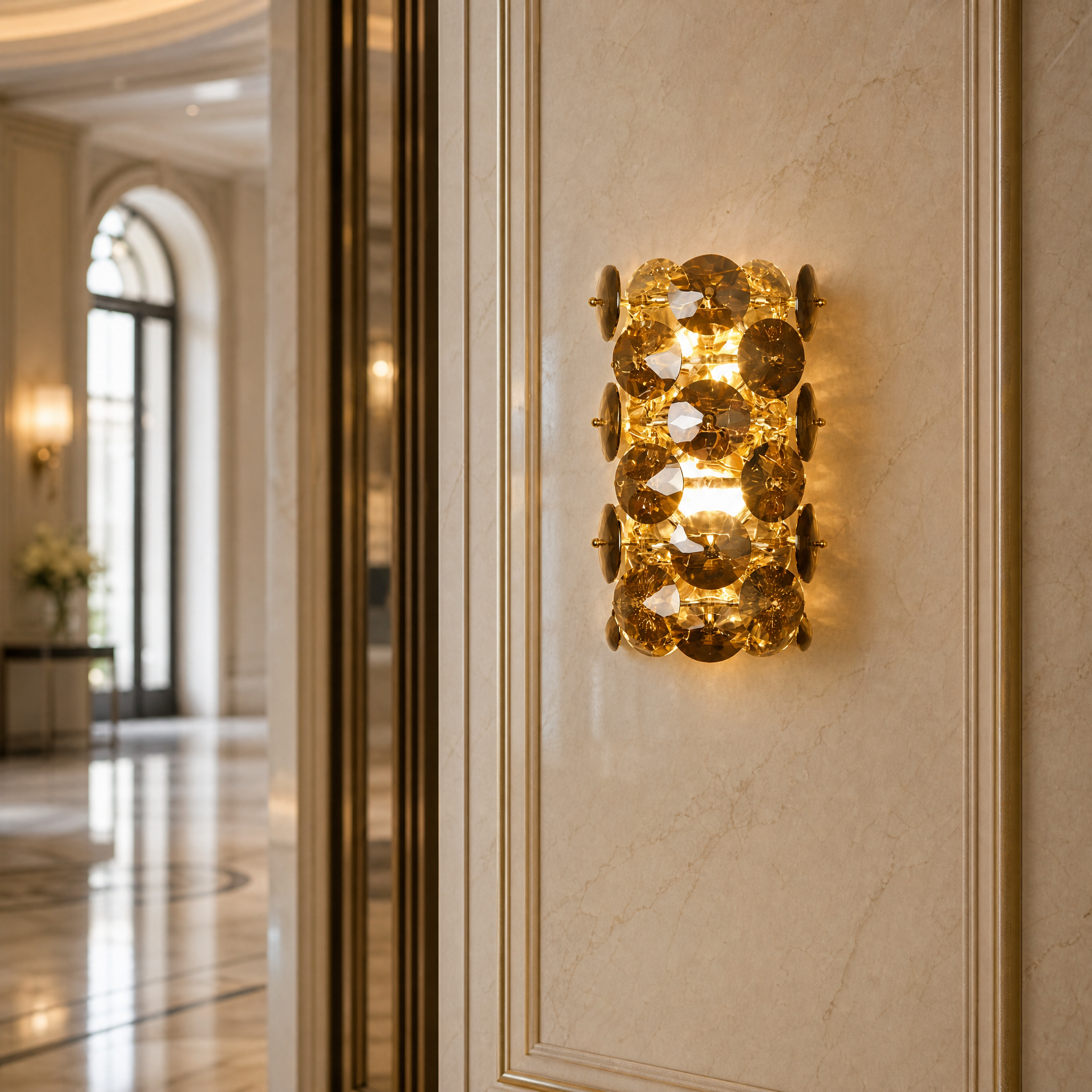 A pair of Lorenzo modern wall sconces illuminating a sophisticated boutique hotel lobby corridor with refined, artistic lighting.
