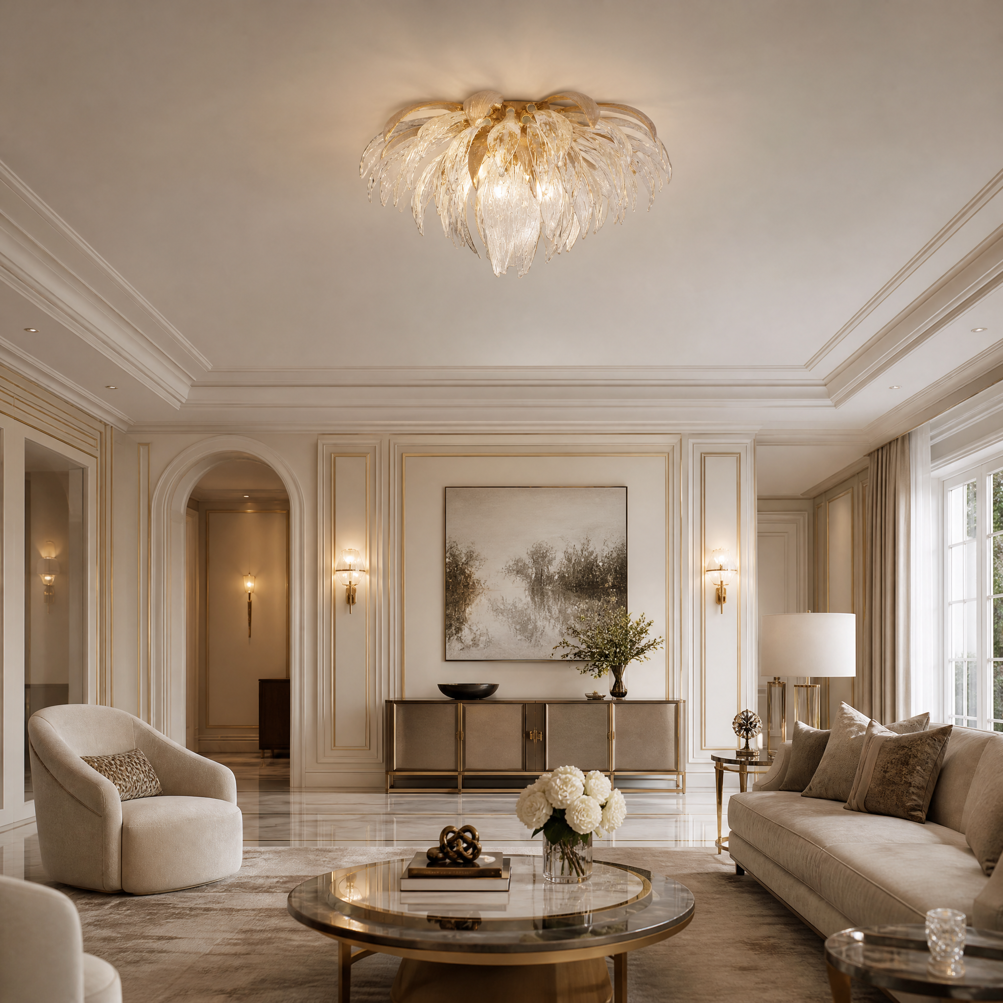The VORELLI Luciana ceiling light installed in a modern luxury living room, casting soft illumination through its sculptural hand-shaped glass petals.