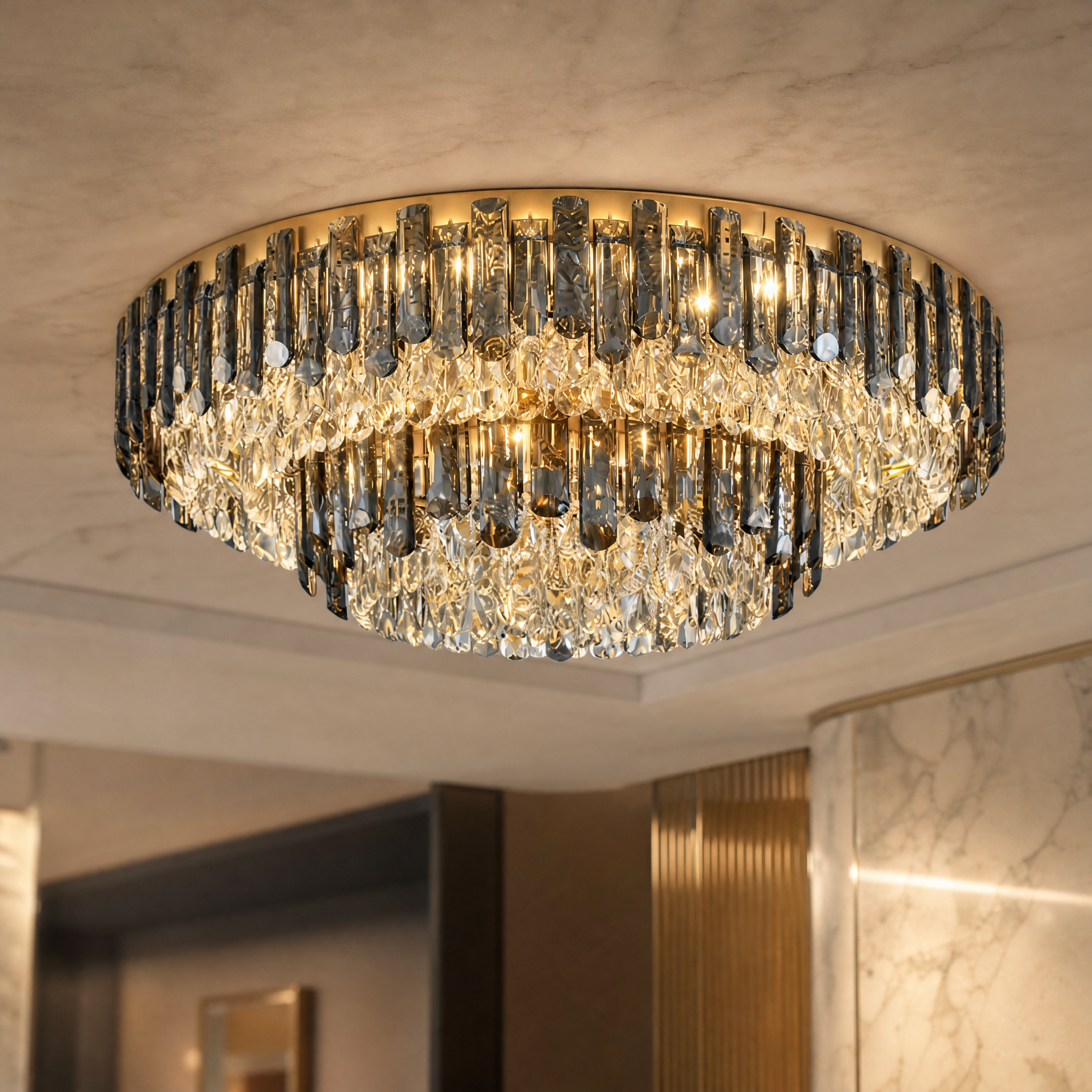 Macro closeup of the VORELLI Lugano ceiling light, highlighting the exquisite details of the smoky grey oblong crystals and clear semi-elliptical diamond-cut central crystals.