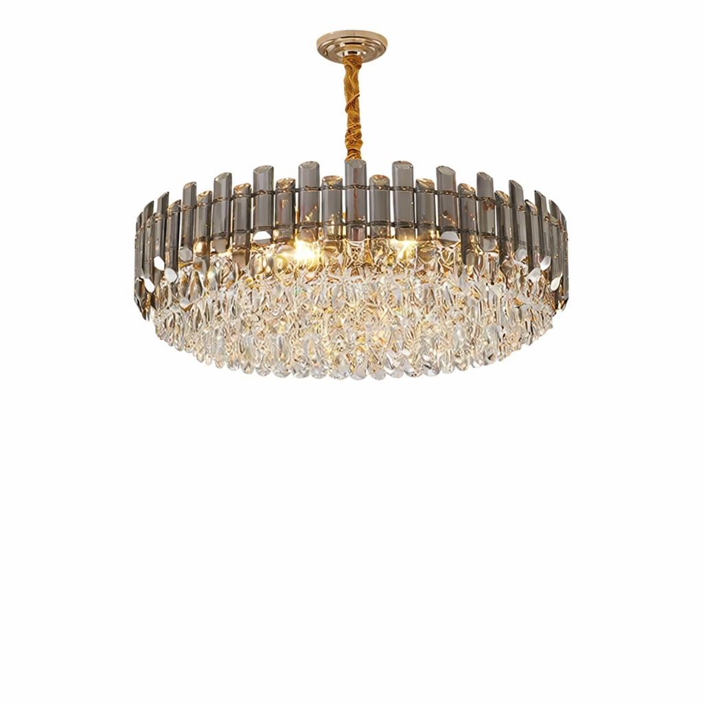 VORELLI Lugano Circular Chandelier close-up view highlighting the intricate semi-elliptical diamond cut crystals and their elegant, sophisticated lighting display.