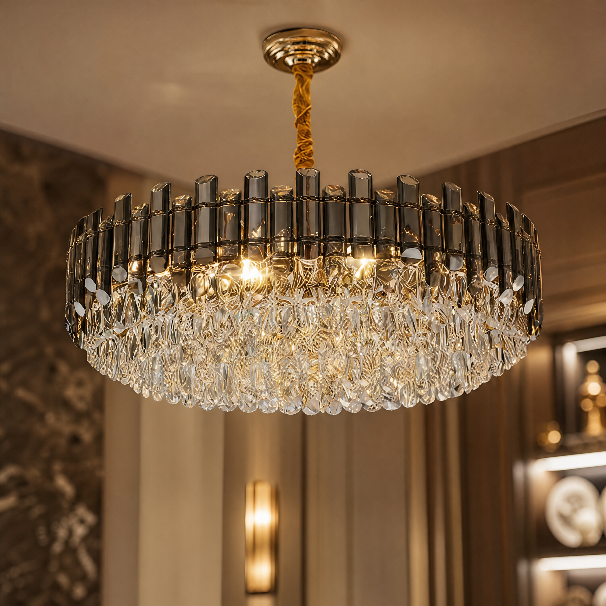 Macro close-up of the VORELLI Lugano Circular Chandelier, detailing the premium oblong perimeter crystals and diamond cut center glass.