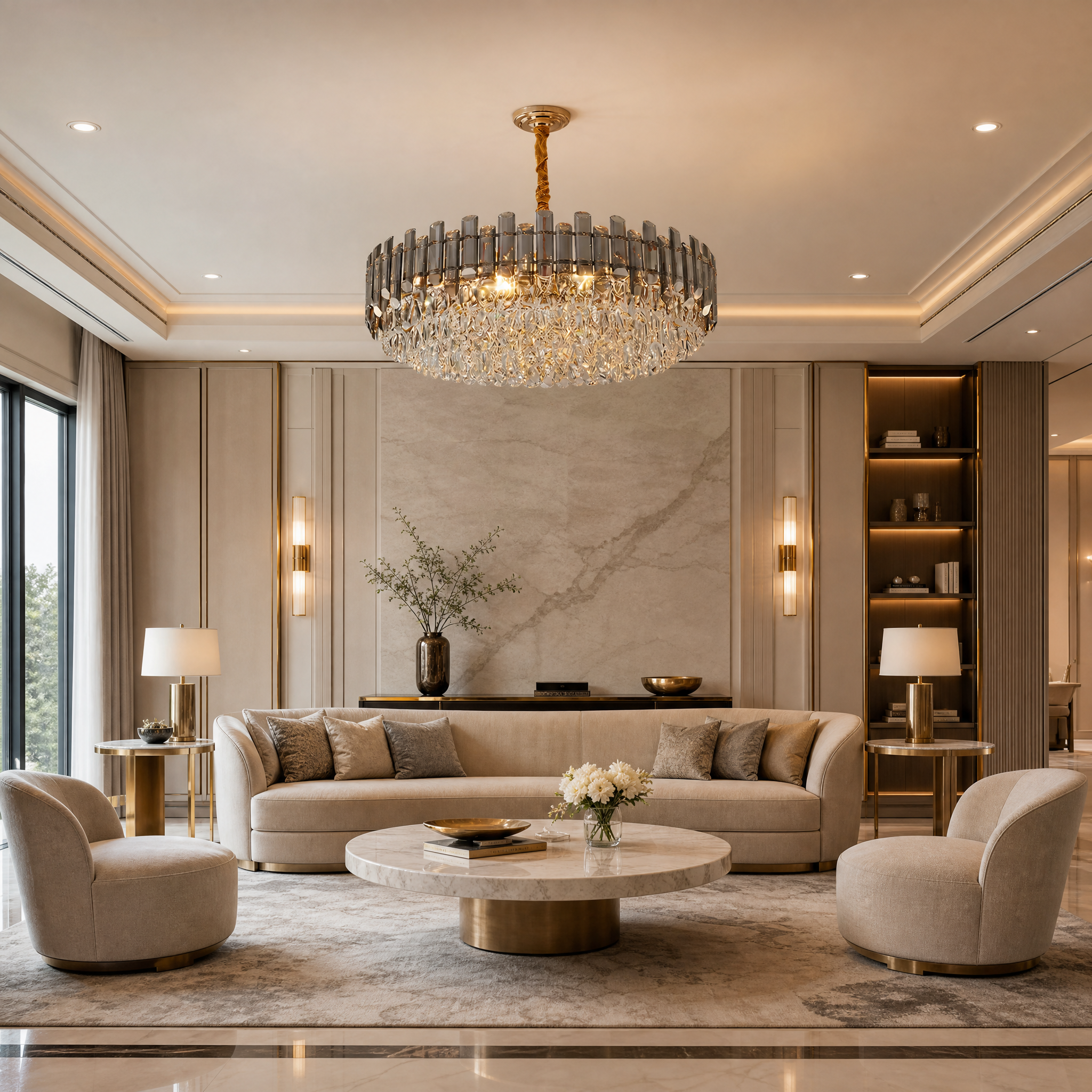 VORELLI Lugano Circular Chandelier installed in a modern luxury residential dining room, creating a refined and elegant atmosphere.