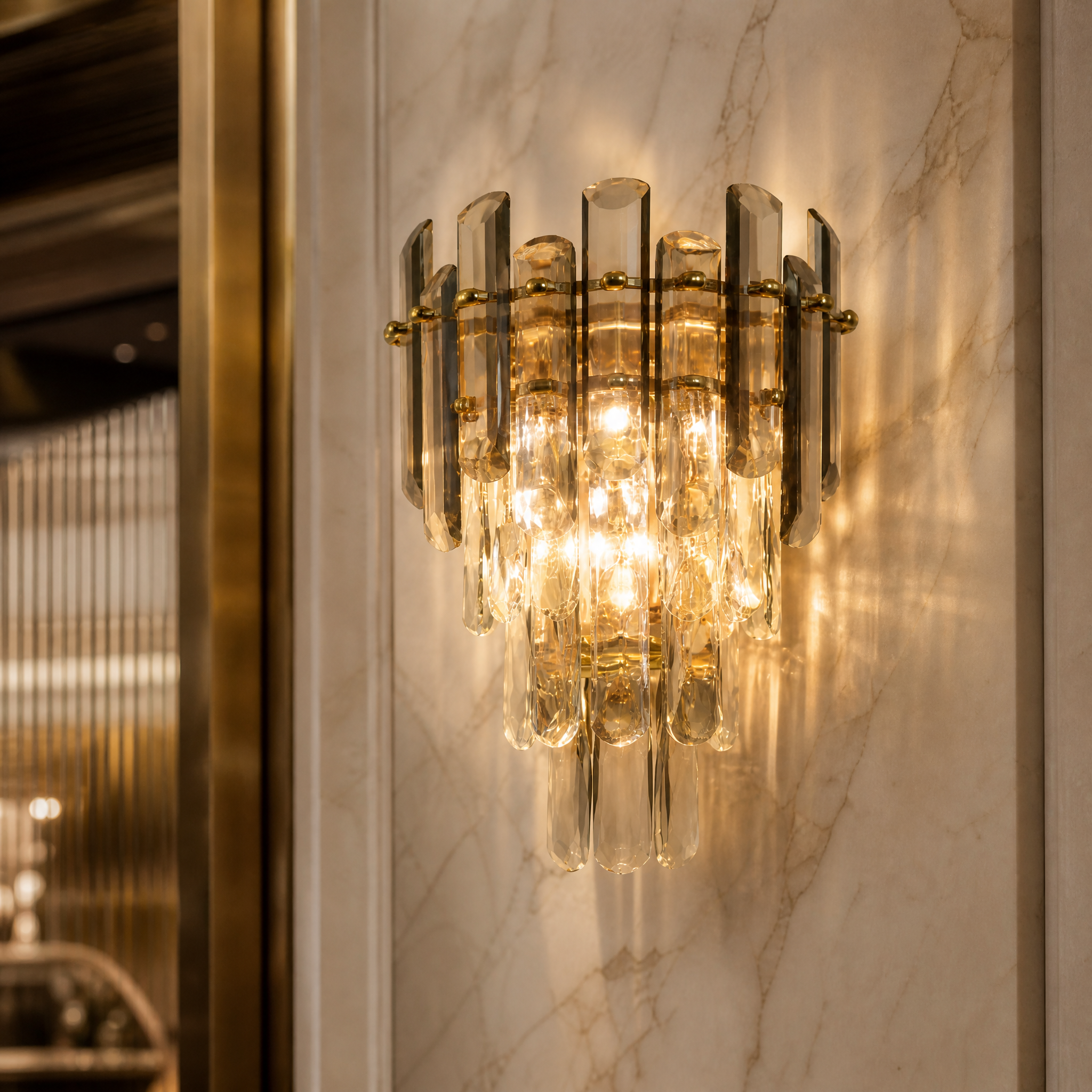 Macro close-up shot highlighting the premium oblong and diamond-cut crystals of the VORELLI Lugano Wall Light.
