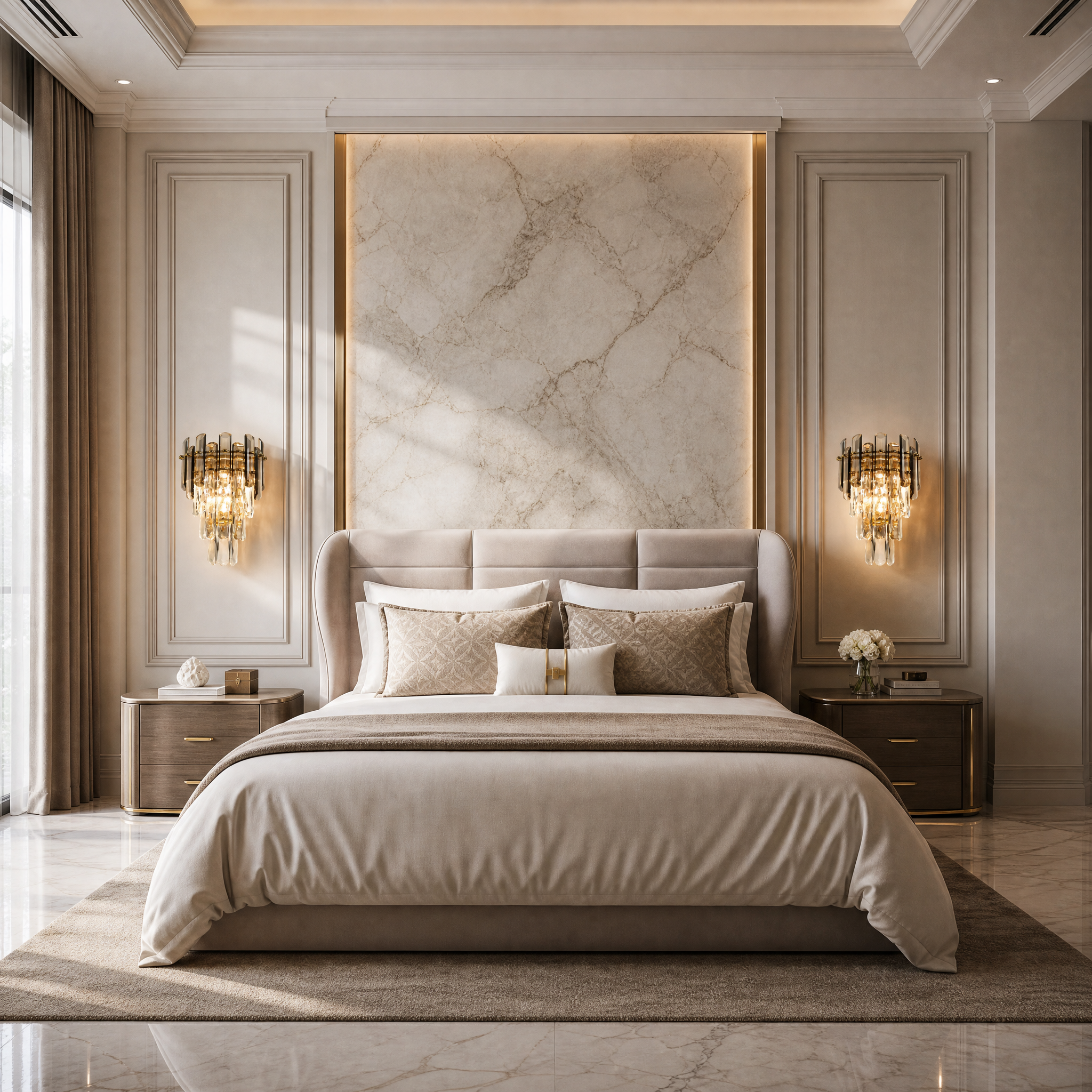 VORELLI Lugano Wall Light installed in a luxury modern residential living room setting.
