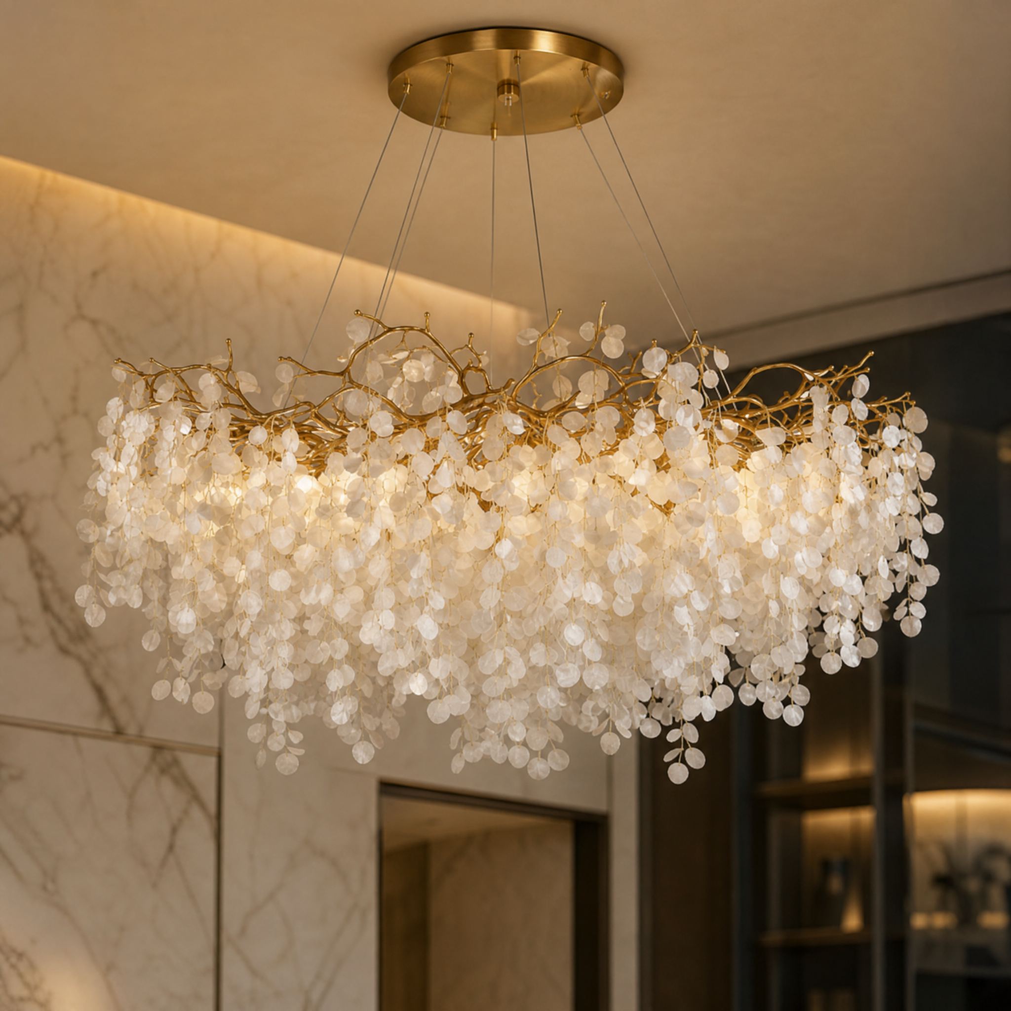 Macro closeup shot of the VORELLI Lunaria Chandelier's delicate glass discs cascading from the detailed, premium-finish branching frame.