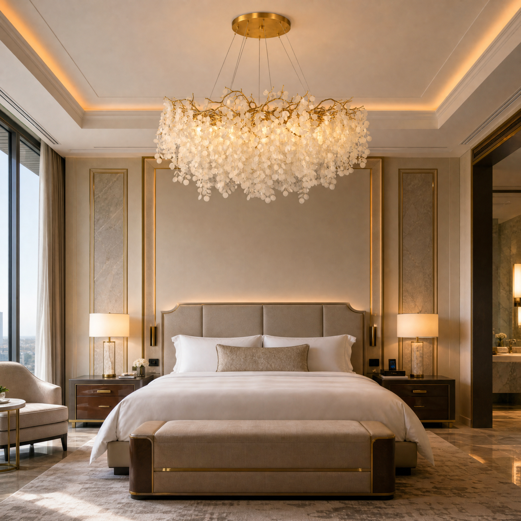 The VORELLI Lunaria Circular Chandelier making a sculptural statement in a grand hotel lobby, epitomizing hospitality interior design excellence.