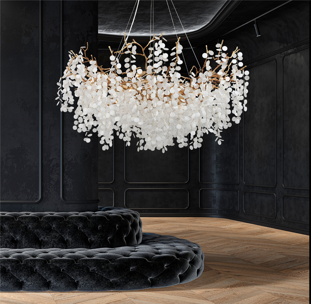 Lunaria circular chandelier in luxury interior with cascading sculptural glass discs