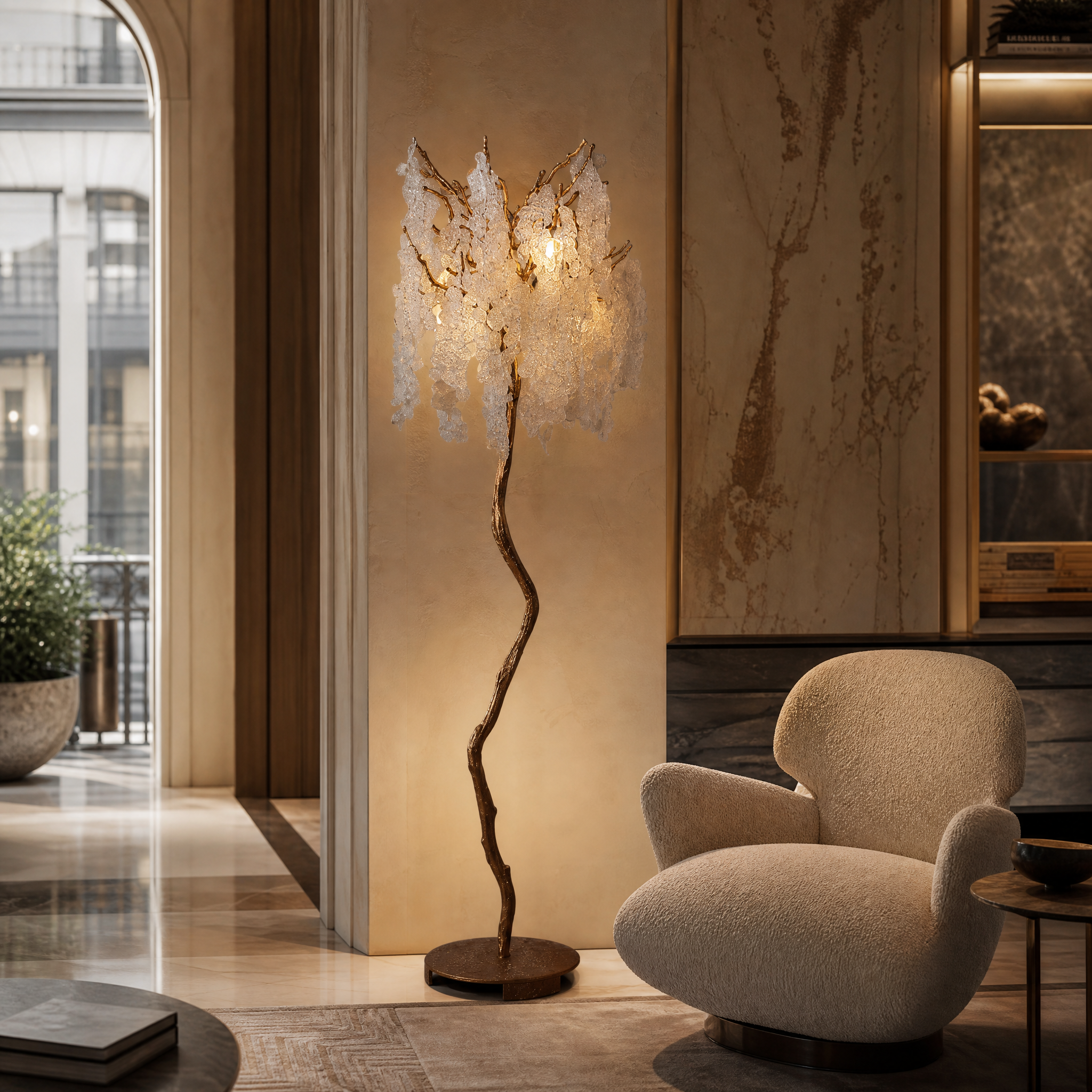 The elegant VORELLI Lunaria floor lamp illuminating a sophisticated hospitality lounge, adding visual depth and atmosphere to a high-end statement interior.