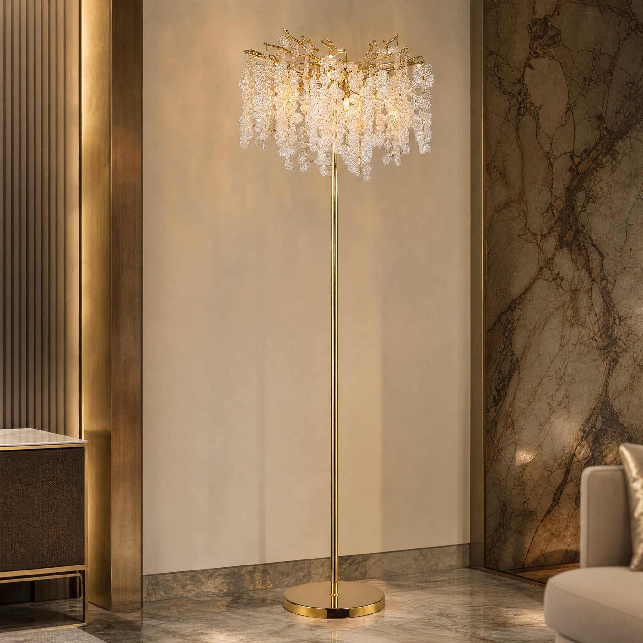 A detailed closeup of the VORELLI Lunaria Floor Lamp II, highlighting the intricate texture of the cascading glass discs and sculptural metalwork.